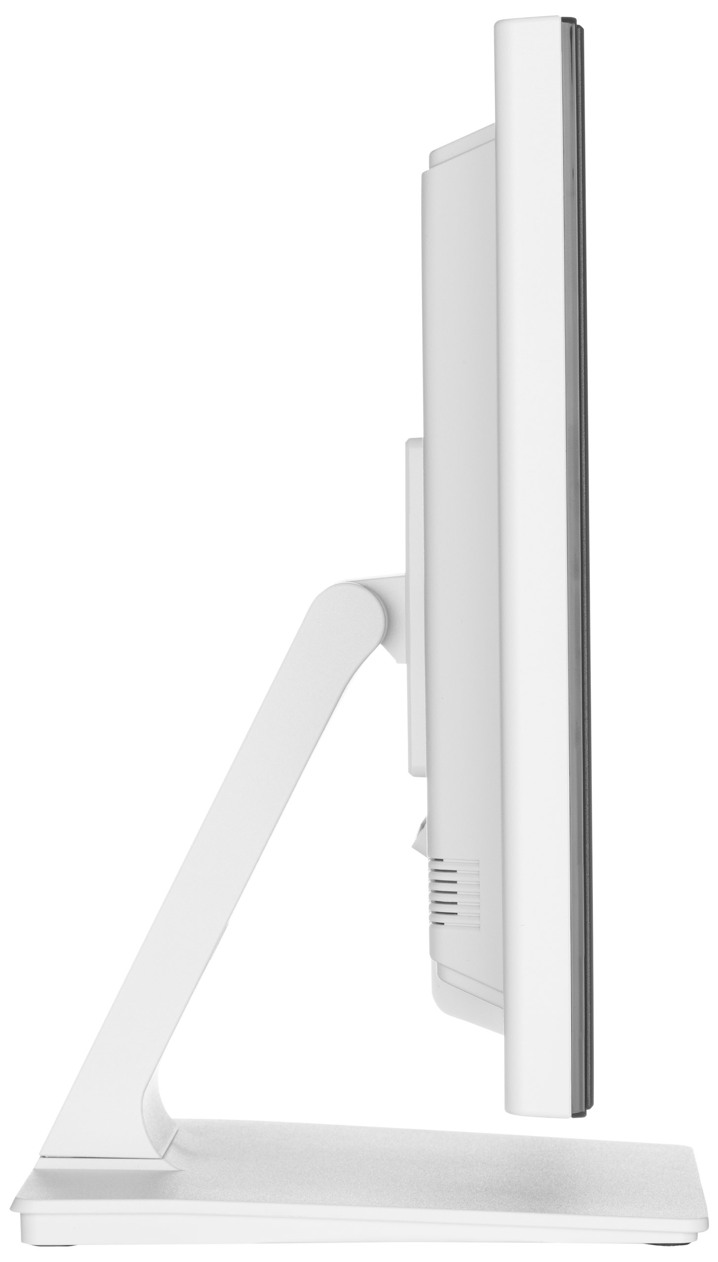 Widok z boku białego monitora z białą podstawą. Monitor ma cienką szarą ramkę.