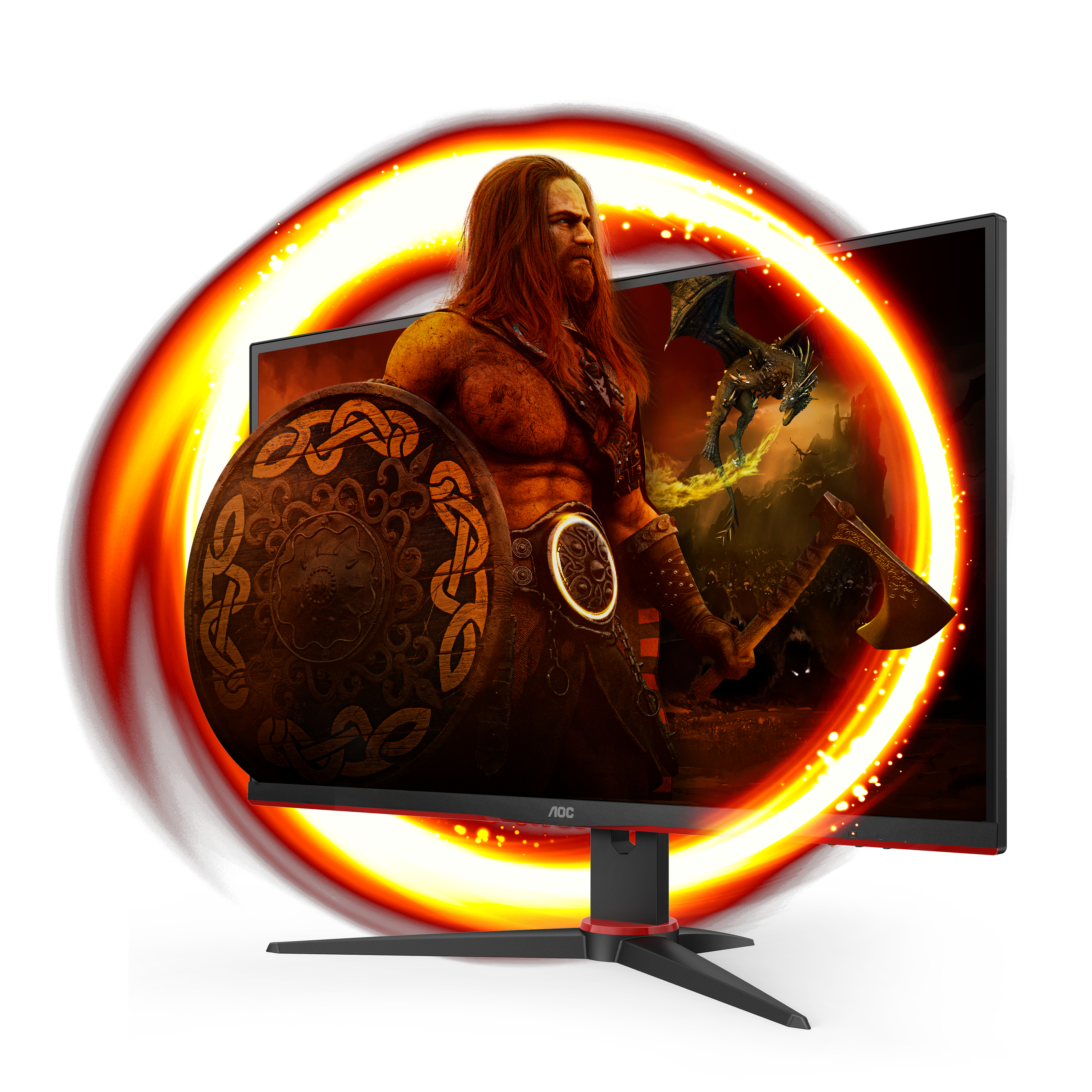 Monitor AOC, escena de juego con guerrero y dragón, portal naranja.