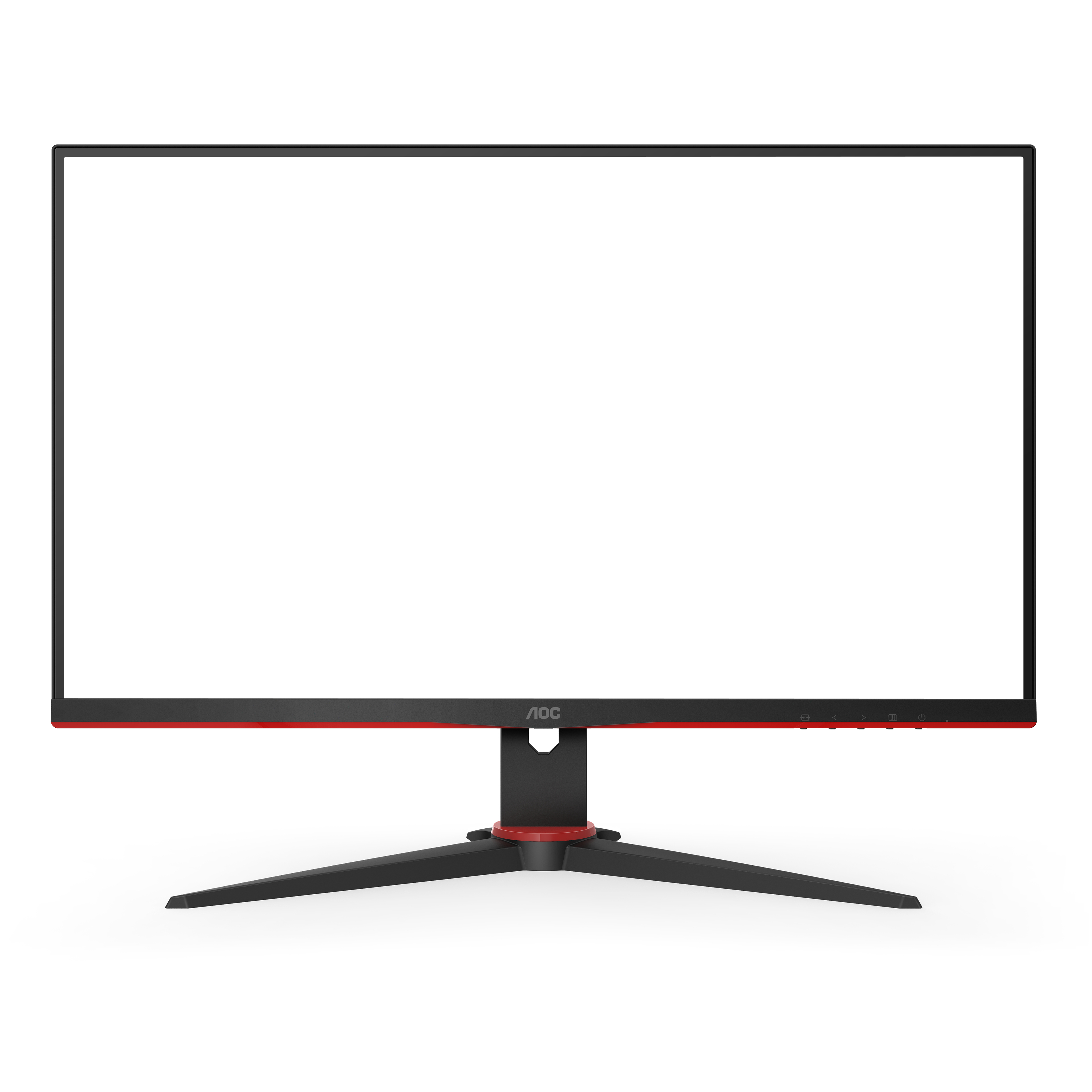 Un monitor AOC con una pantalla blanca en blanco, detalles en rojo y un soporte negro.