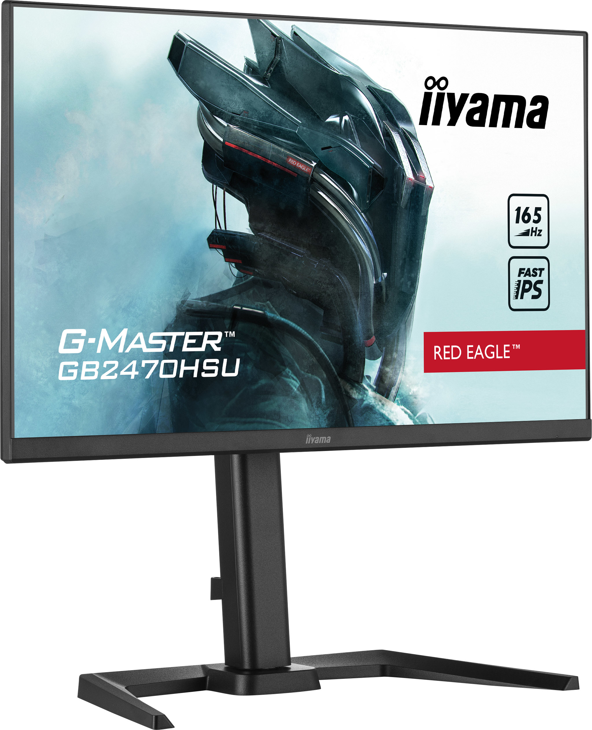 Monitor gaming Iiyama negro con gráfico futurista en pantalla.