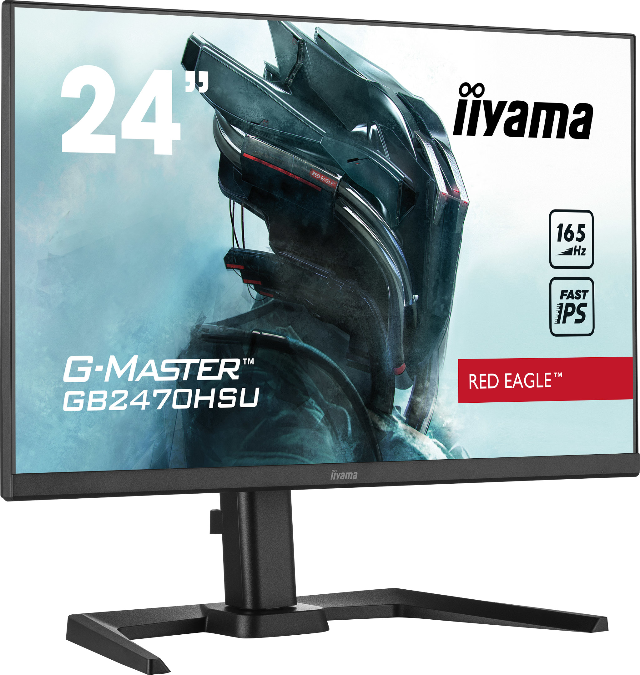Un monitor iiyama negro que muestra una pantalla de juego. Tiene 24" y las palabras Red Eagle.