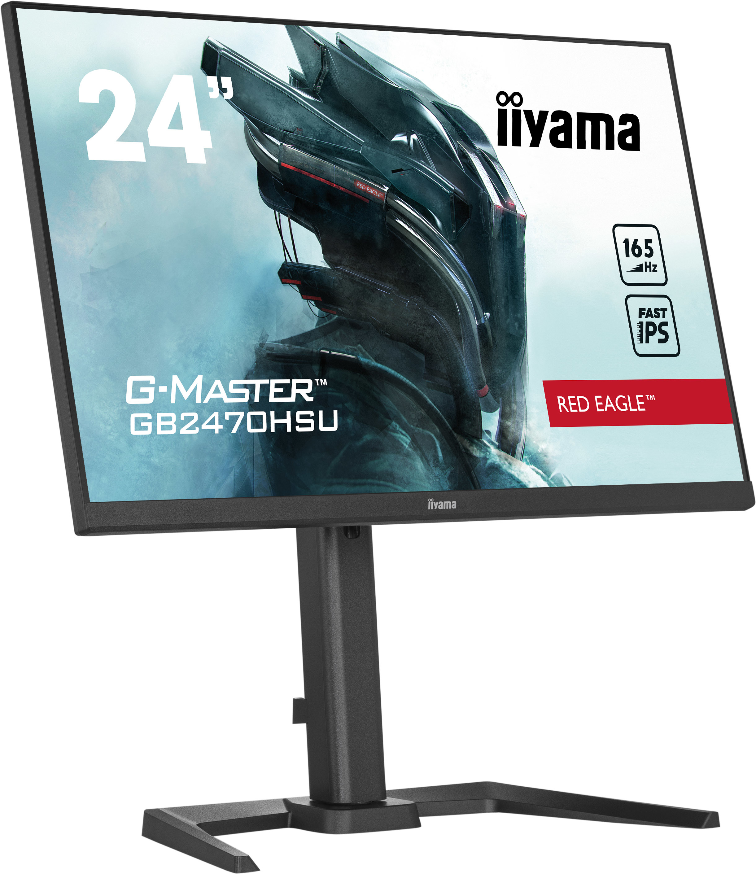 Un monitor iiyama negro con gráficos de juego en la pantalla y un soporte.