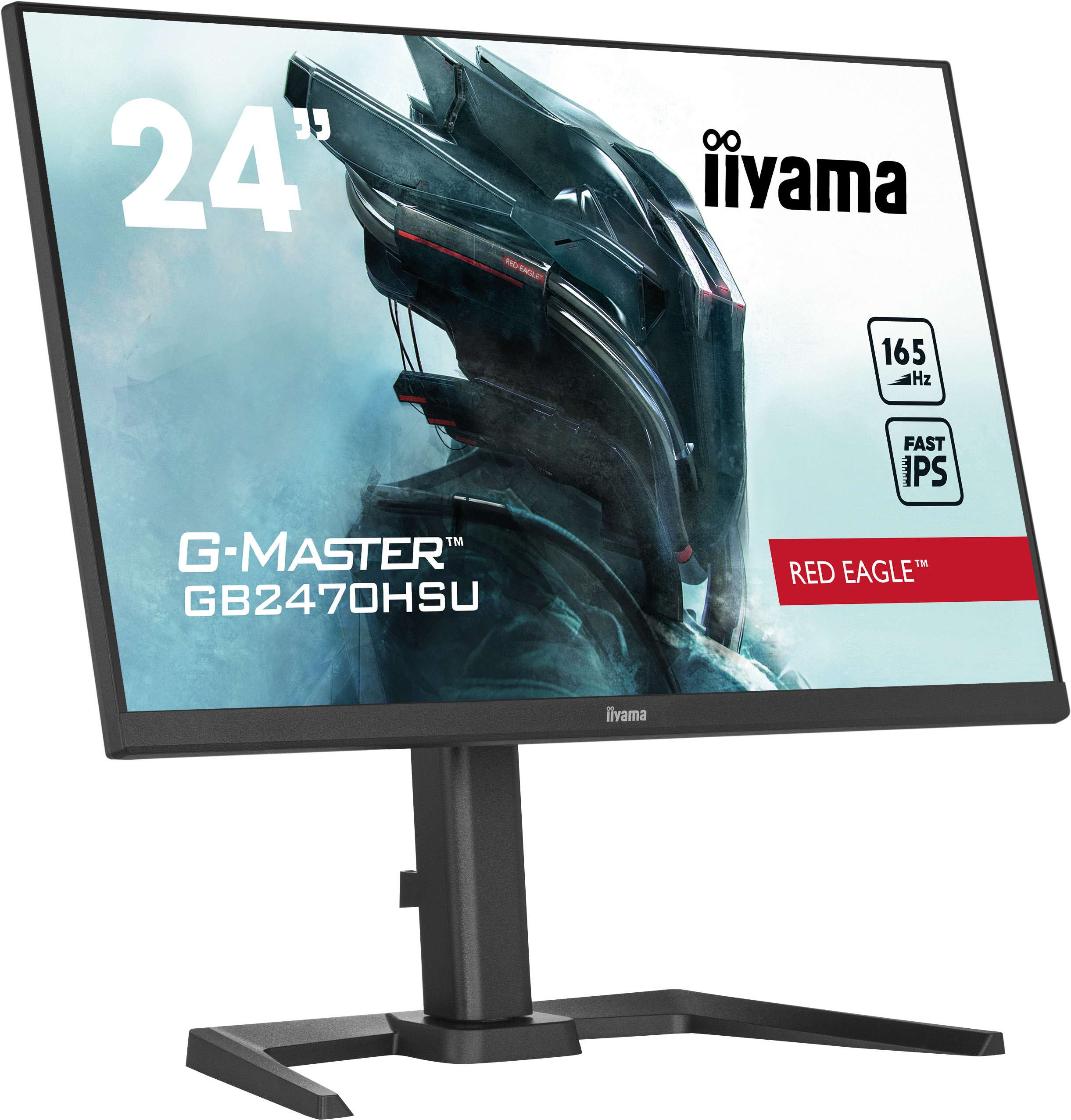 Monitor Iiyama muestra una pantalla de juegos. Negro con detalles rojos, sobre superficie blanca.
