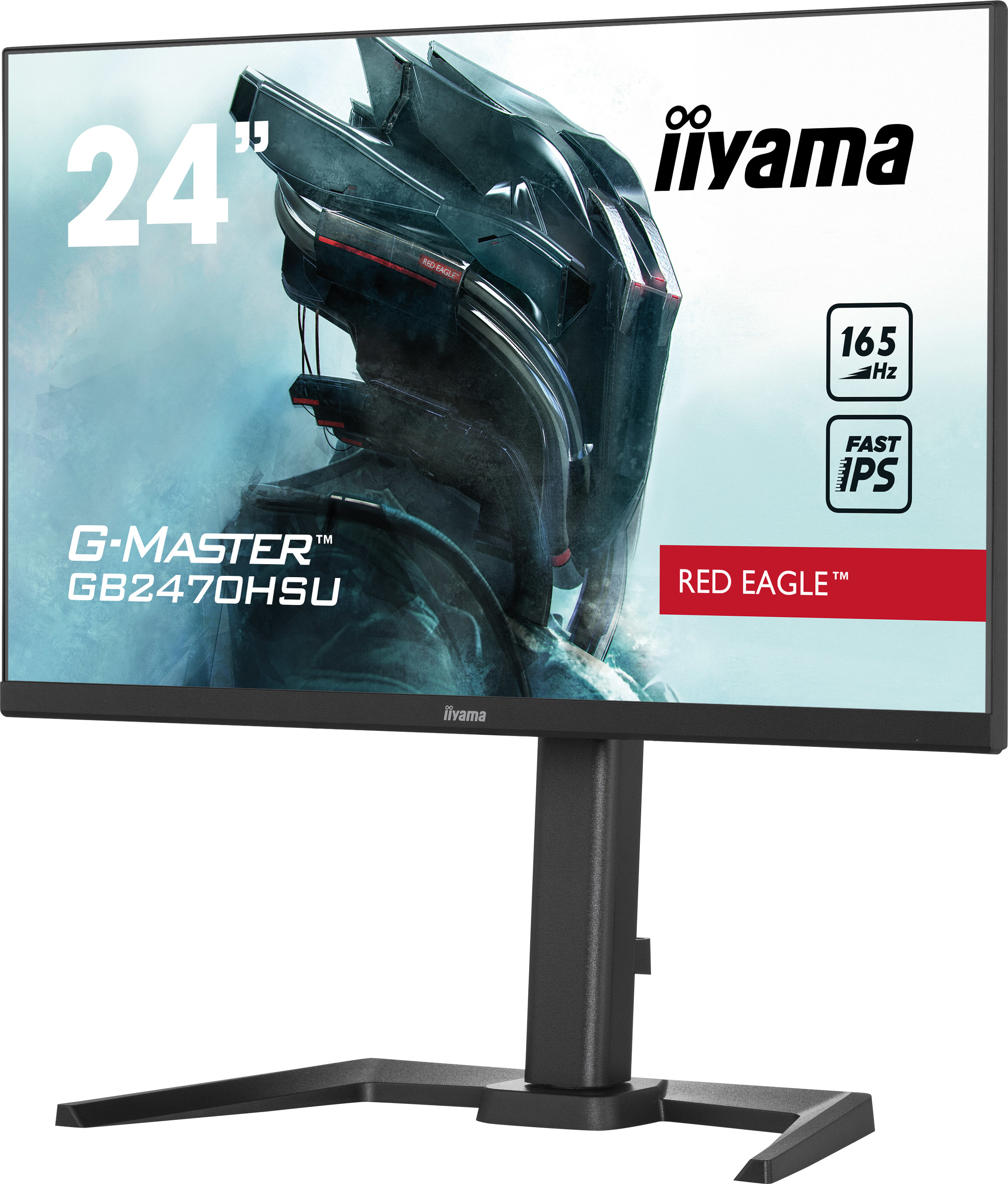 Un monitor iiyama con una imagen de guerrero futurista y texto que indica características como 24" y 165Hz.