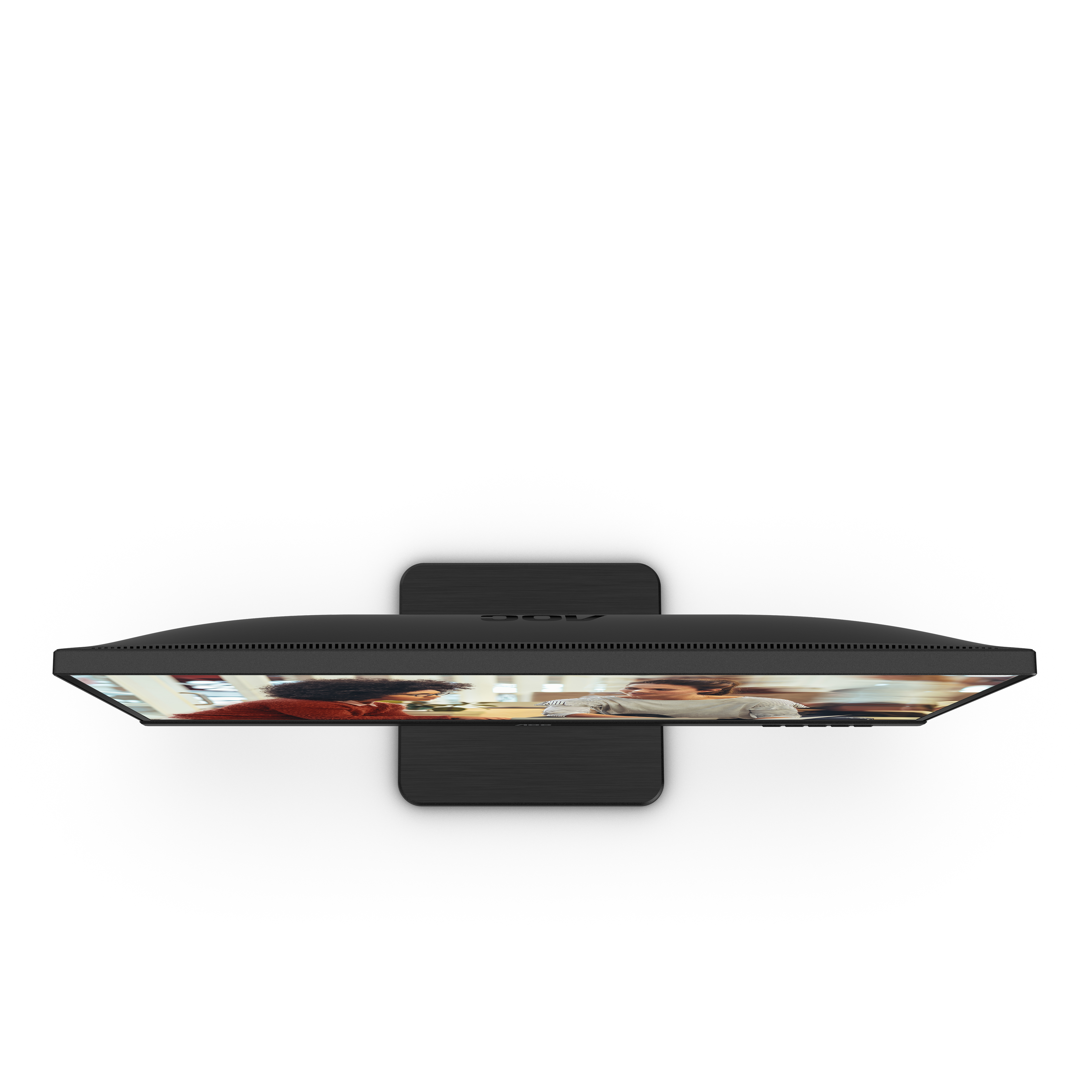 Monitor AOC, widok z góry. Ekran wyświetla rozmyty obraz. Ma czarną ramkę i podstawę.