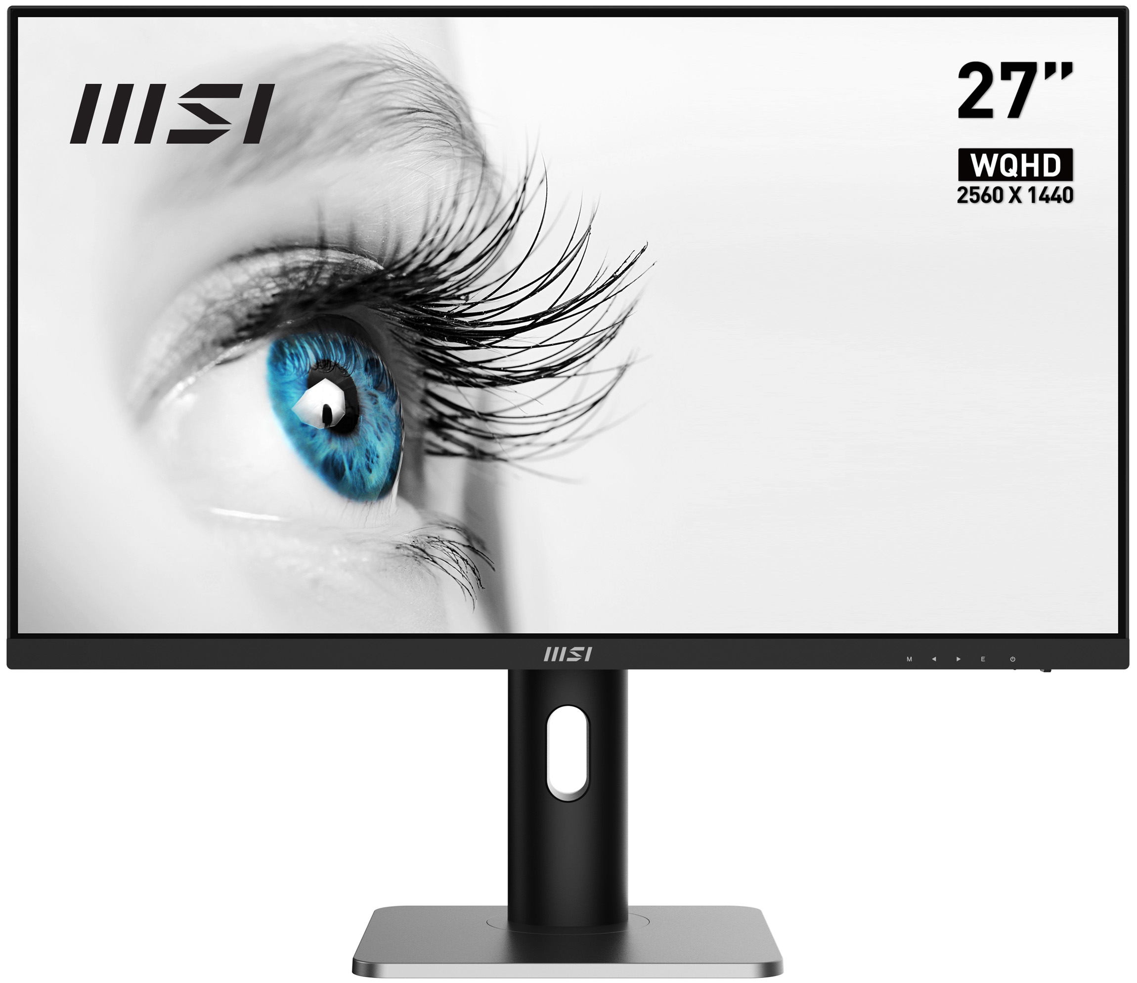 Monitor MSI mostrando un ojo con pestañas largas. Fondo blanco.