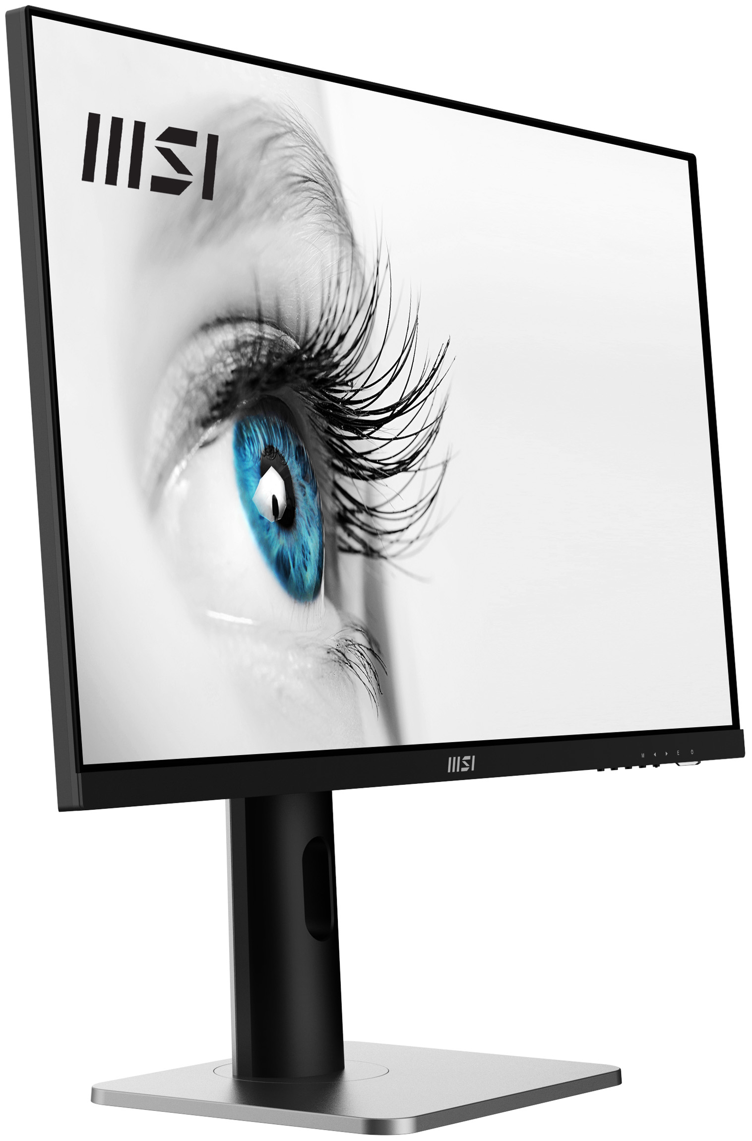 Monitor que muestra un primer plano de un ojo con iris azul y largas pestañas sobre un fondo blanco.