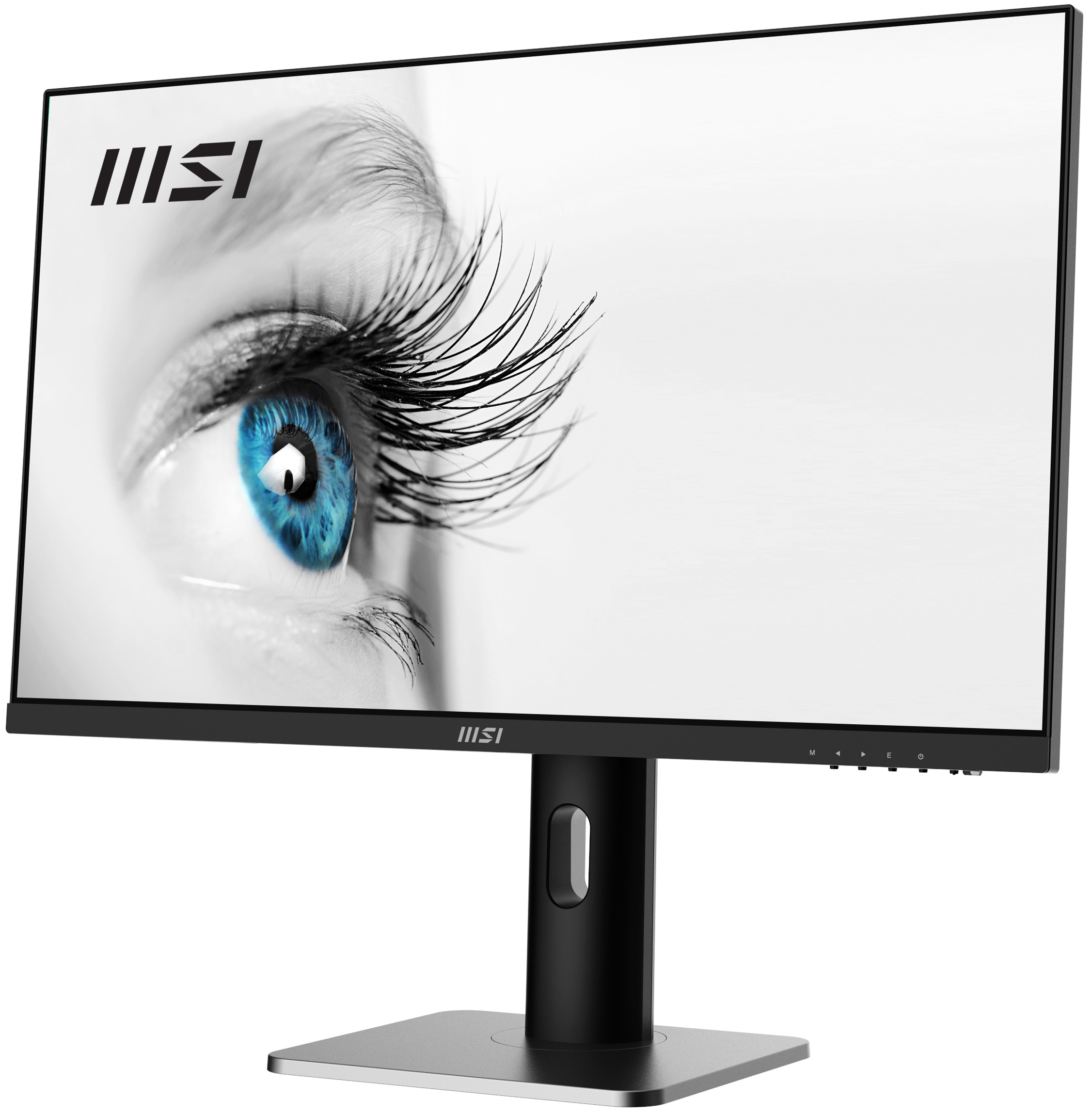 Monitor MSI mostrando un primer plano de un ojo sobre un fondo blanco.