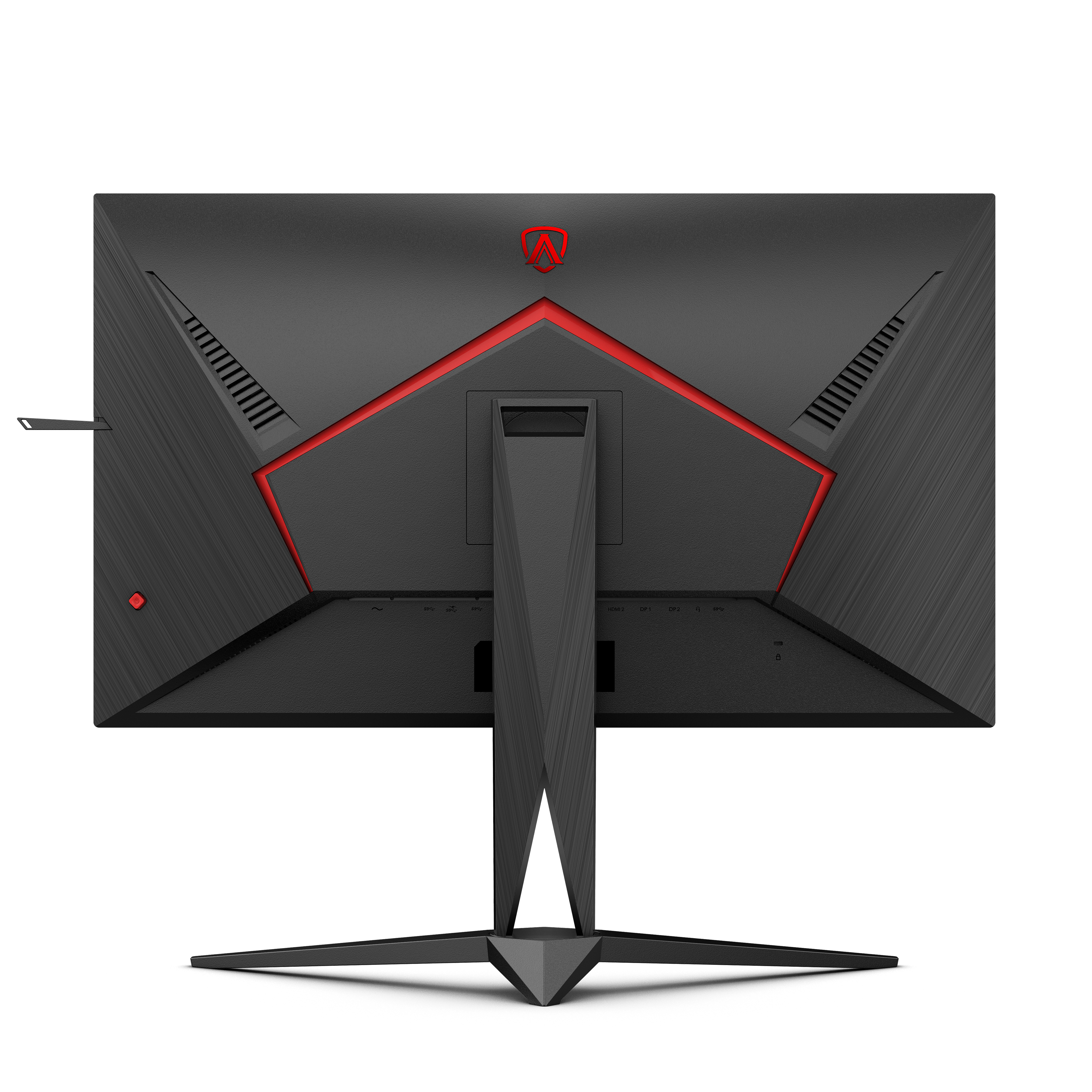 Zwarte achterkant van de monitor met rode accenten en een standaard. De monitor heeft een schuin ontwerp.