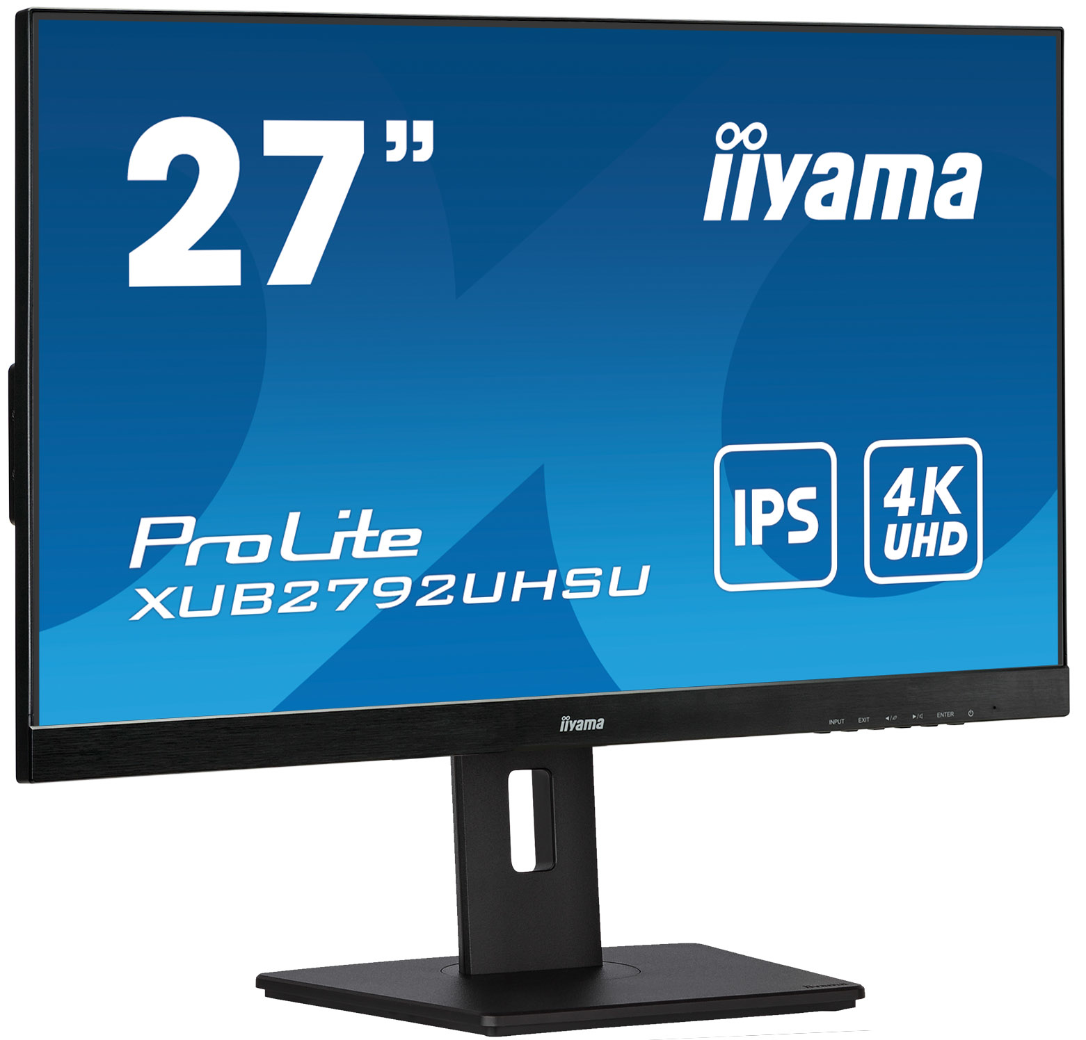 Un monitor per computer nero con il logo iiyama in alto e un supporto nero. Lo schermo è acceso.