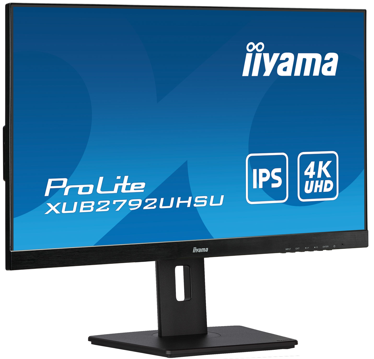 Monitor Iiyama nero con testo, su supporto nero. Mostra 'ProLite' e '4K UHD' su sfondo blu.