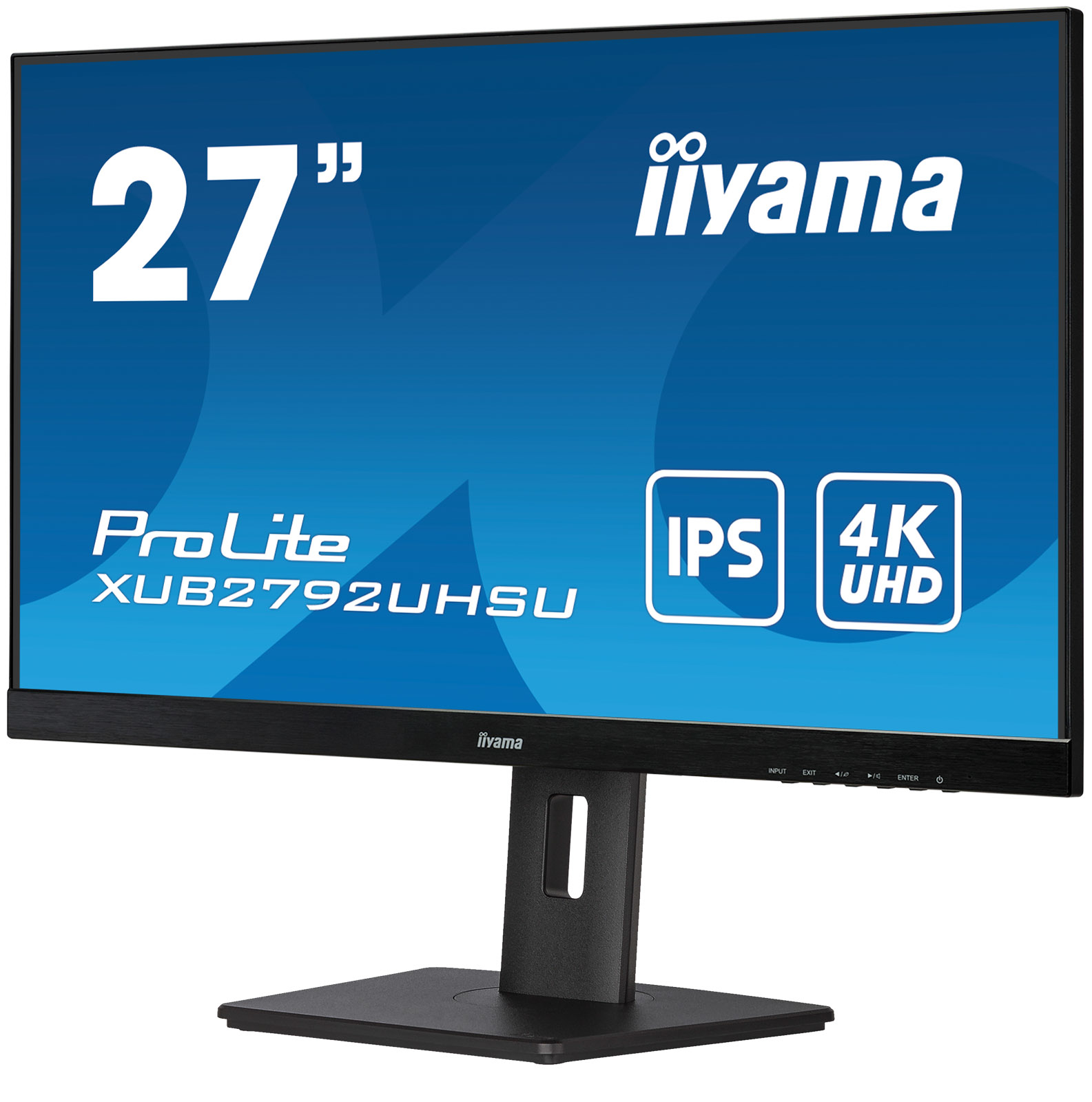Un monitor nero mostra il testo '27" iiyama ProLite XUB2792UHSU IPS 4K UHD'.