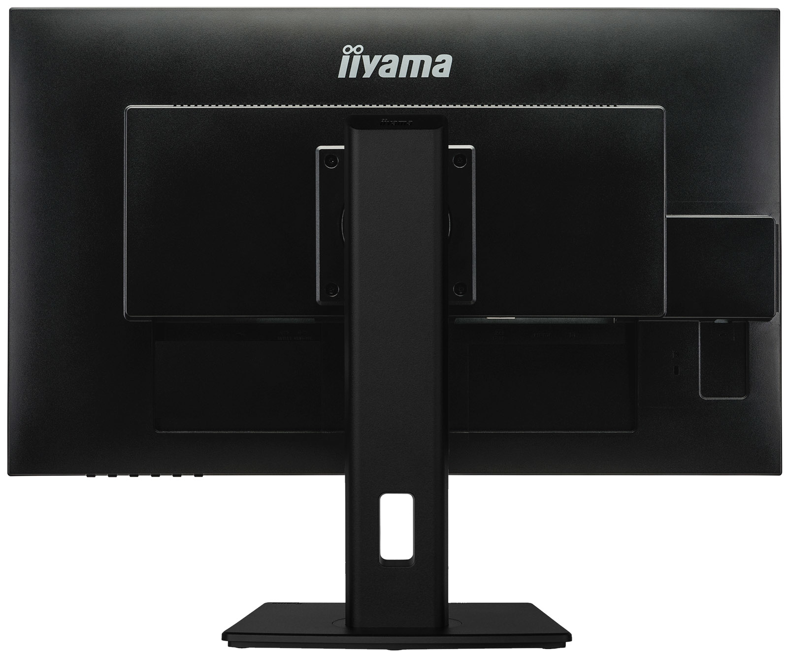 Retro di un monitor Iiyama. Nero, con supporto centrale.