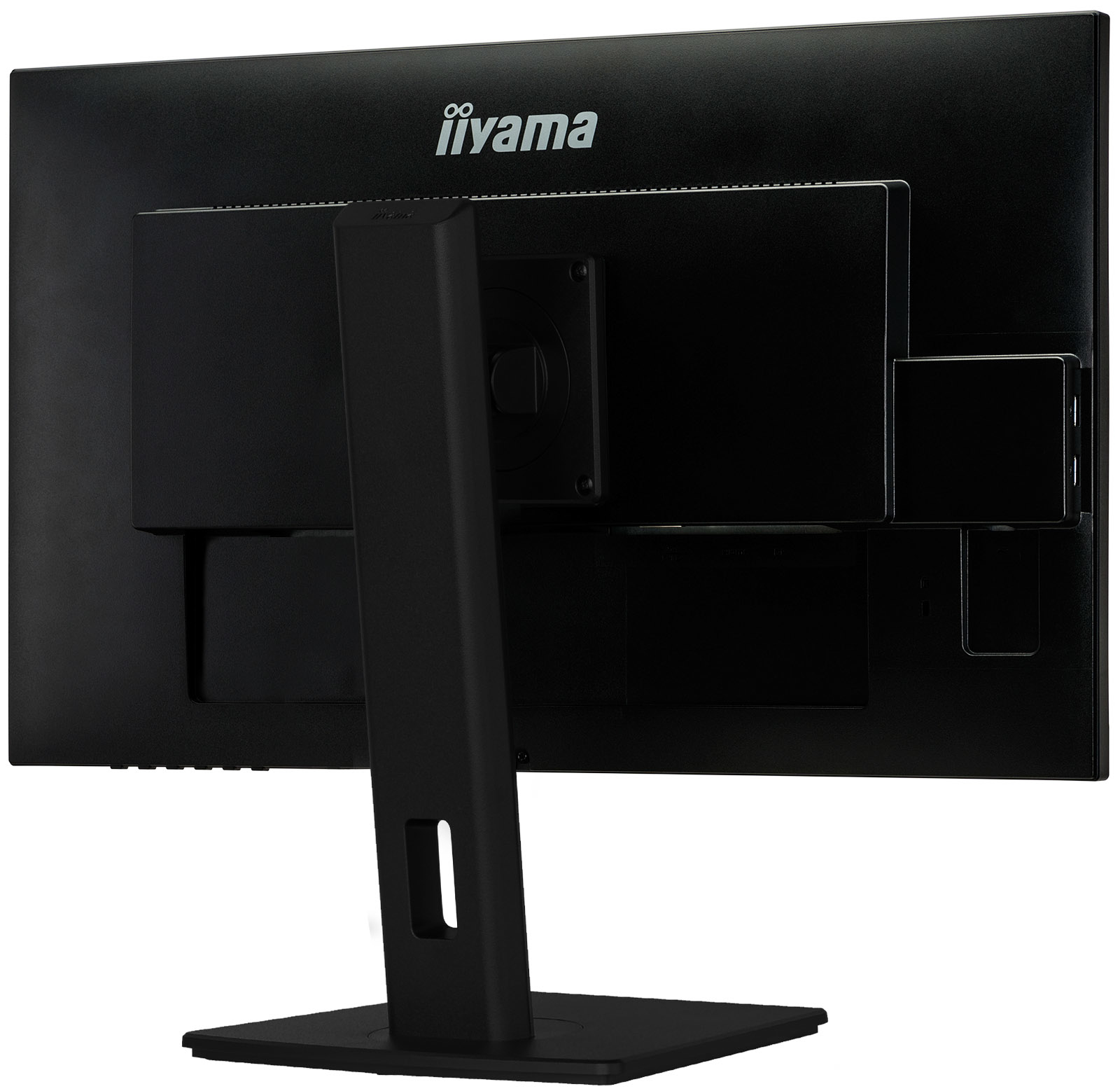 Il retro di un monitor nero con supporto nero. Il marchio iiYama è visibile.