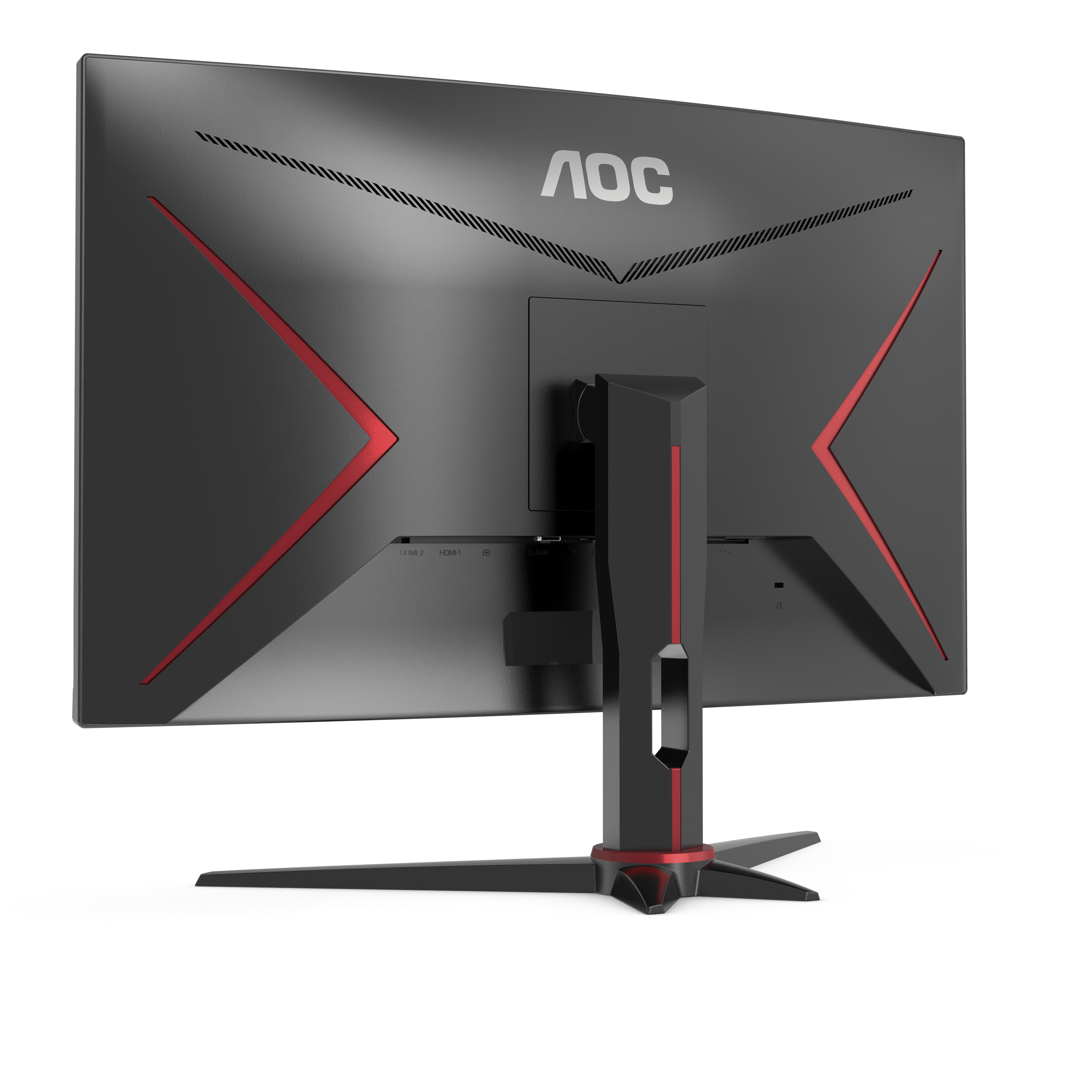 Vista trasera de un monitor AOC con detalles rojos, mostrando puertos y soporte.