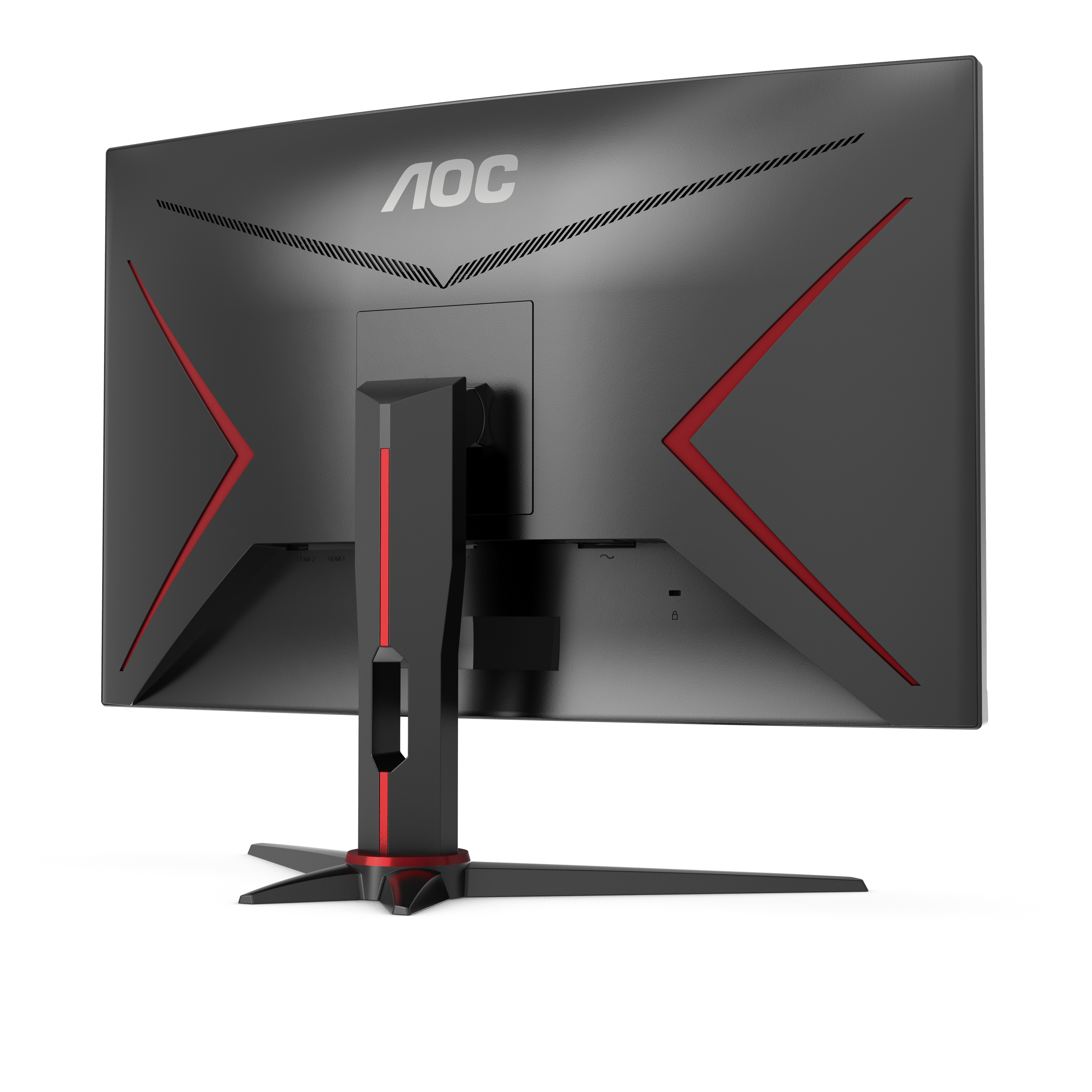 Parte trasera de un monitor con logo AOC, detalles rojos, diseño ventilación, base negra.