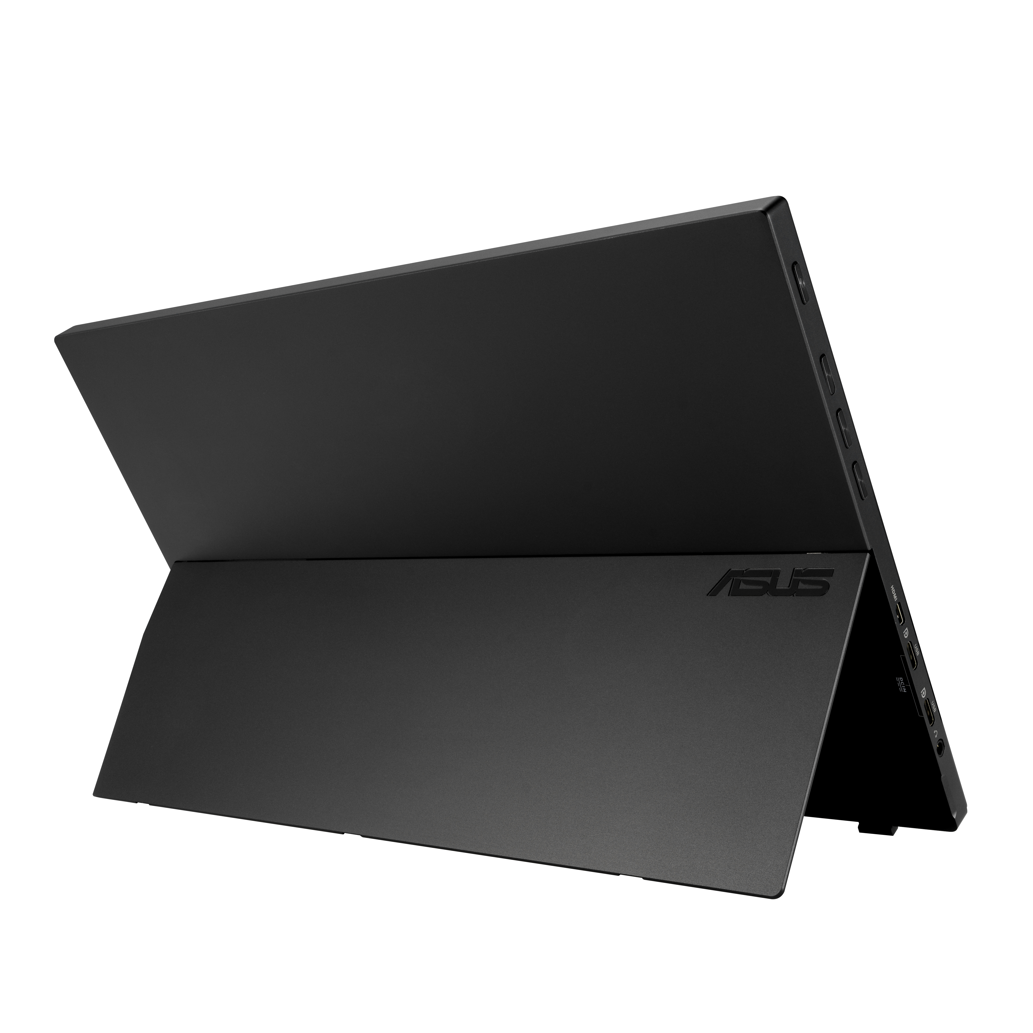 Tablet ASUS nero con una cover, leggermente aperto.