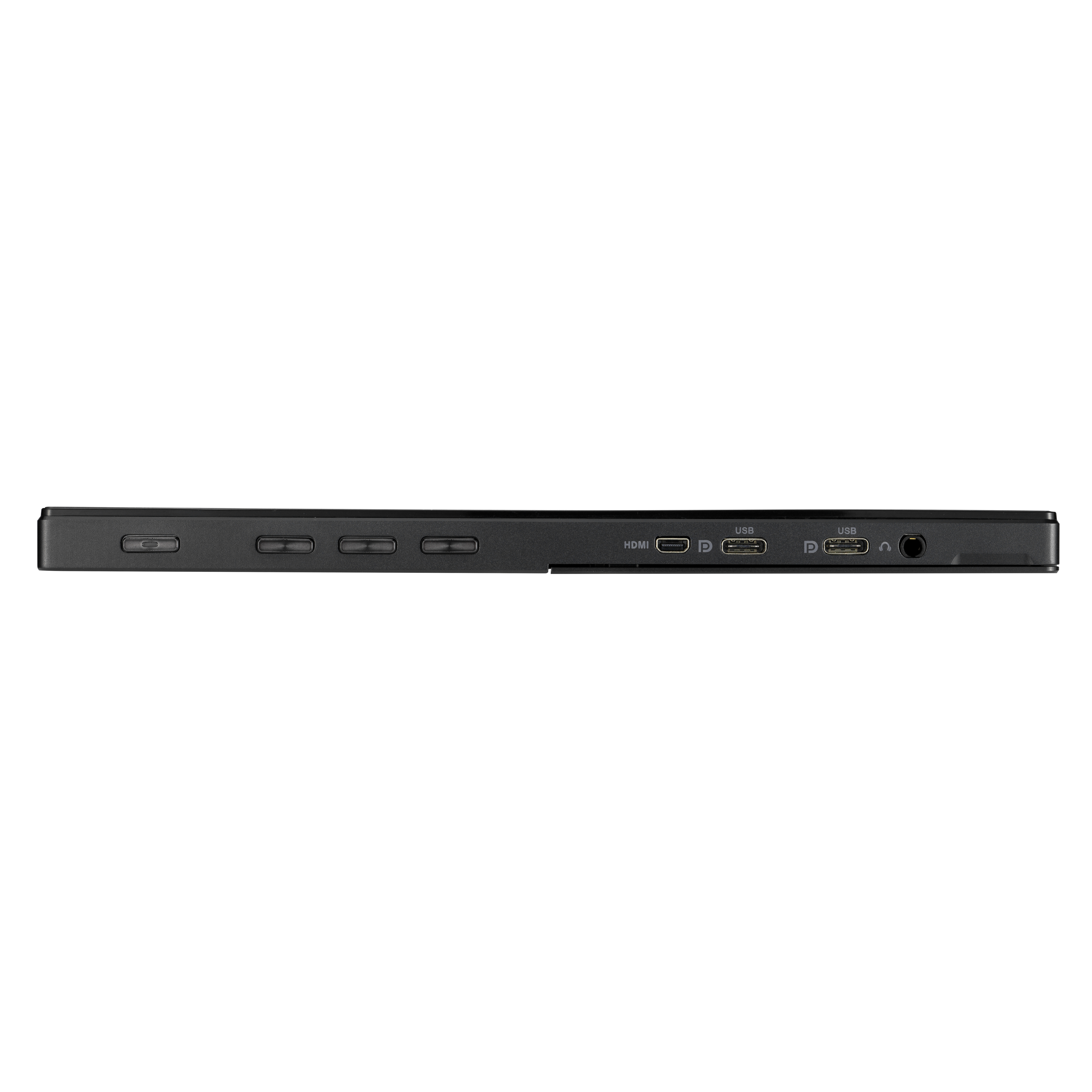 Un dispositivo nero e rettangolare, probabilmente un monitor portatile, che mostra porte e connessioni.