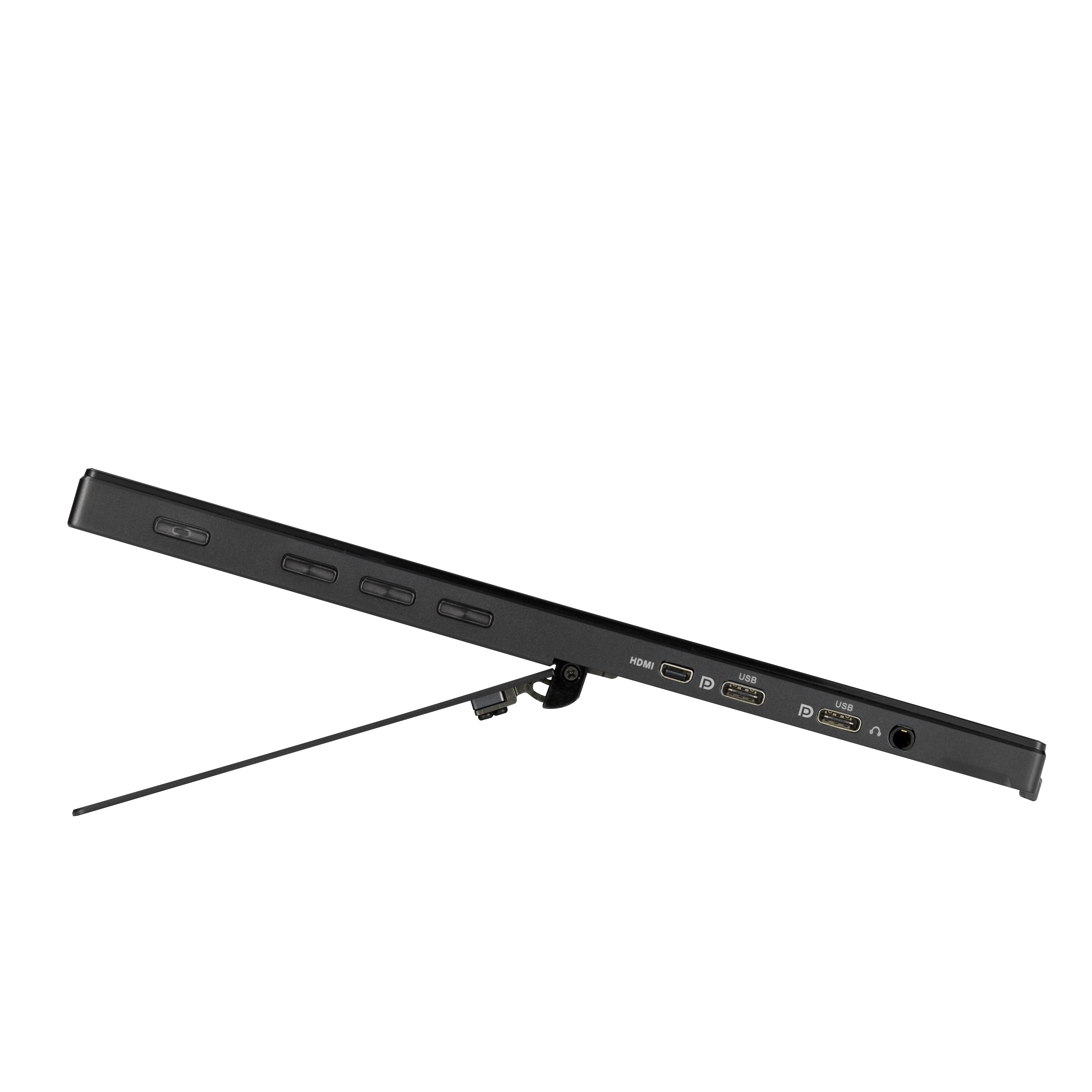 Tablet nero con porte e supporto. Le porte includono HDMI, USB e jack per cuffie.