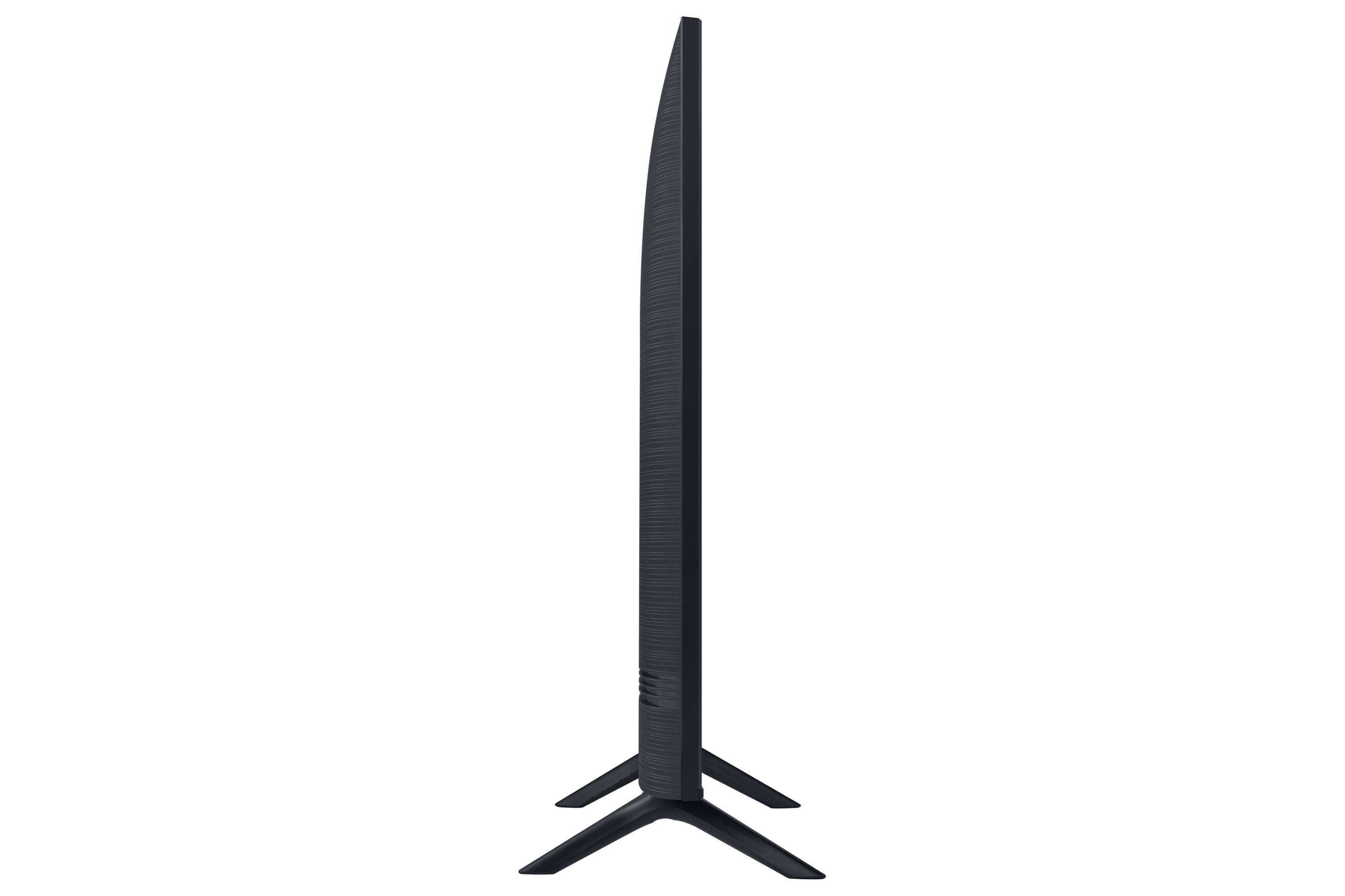 Widok z boku czarnego telewizora na czarnych nóżkach. Ekran jest ciemny.