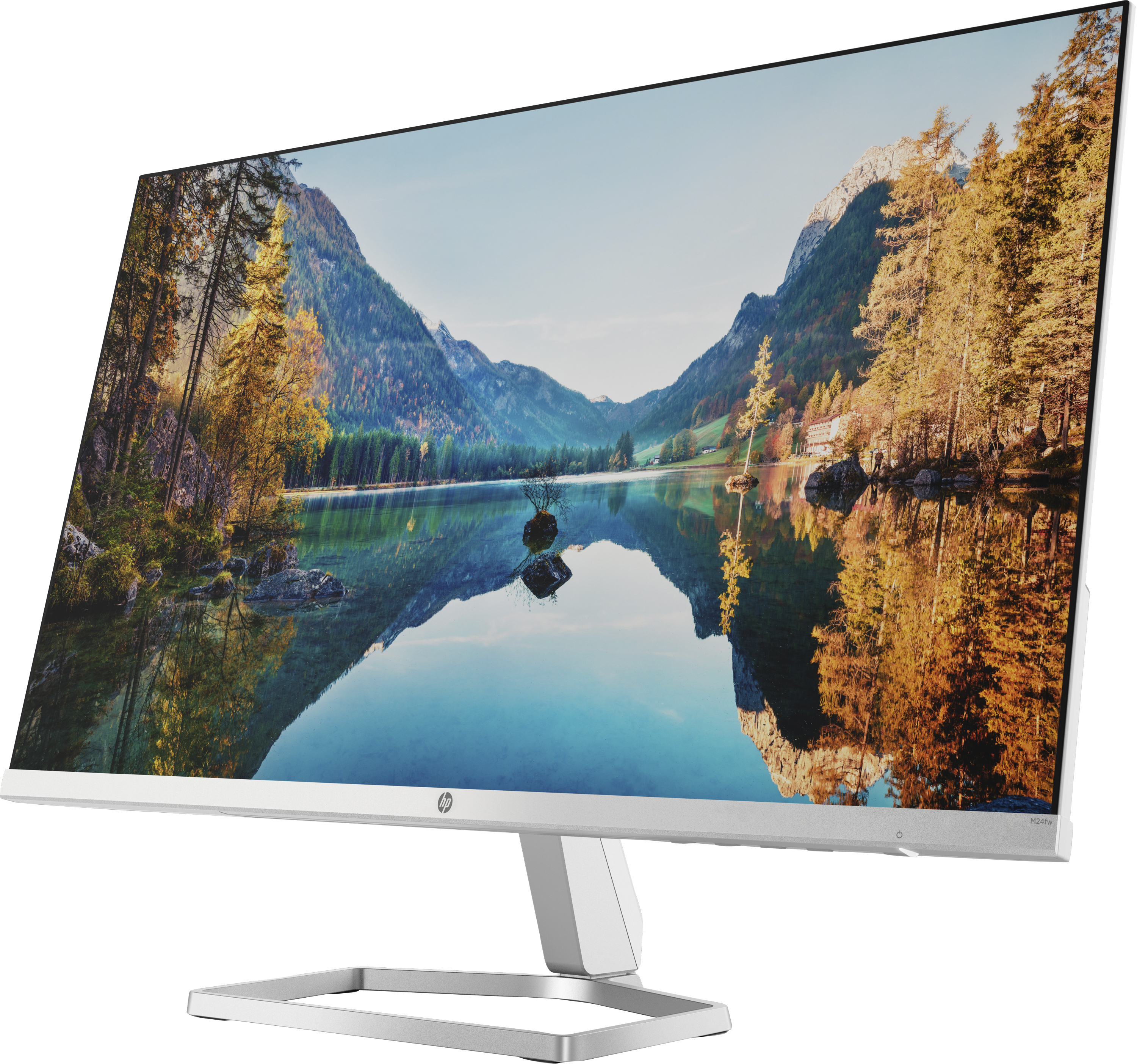 Monitor HP che mostra una bellissima scena paesaggistica con un lago e montagne.