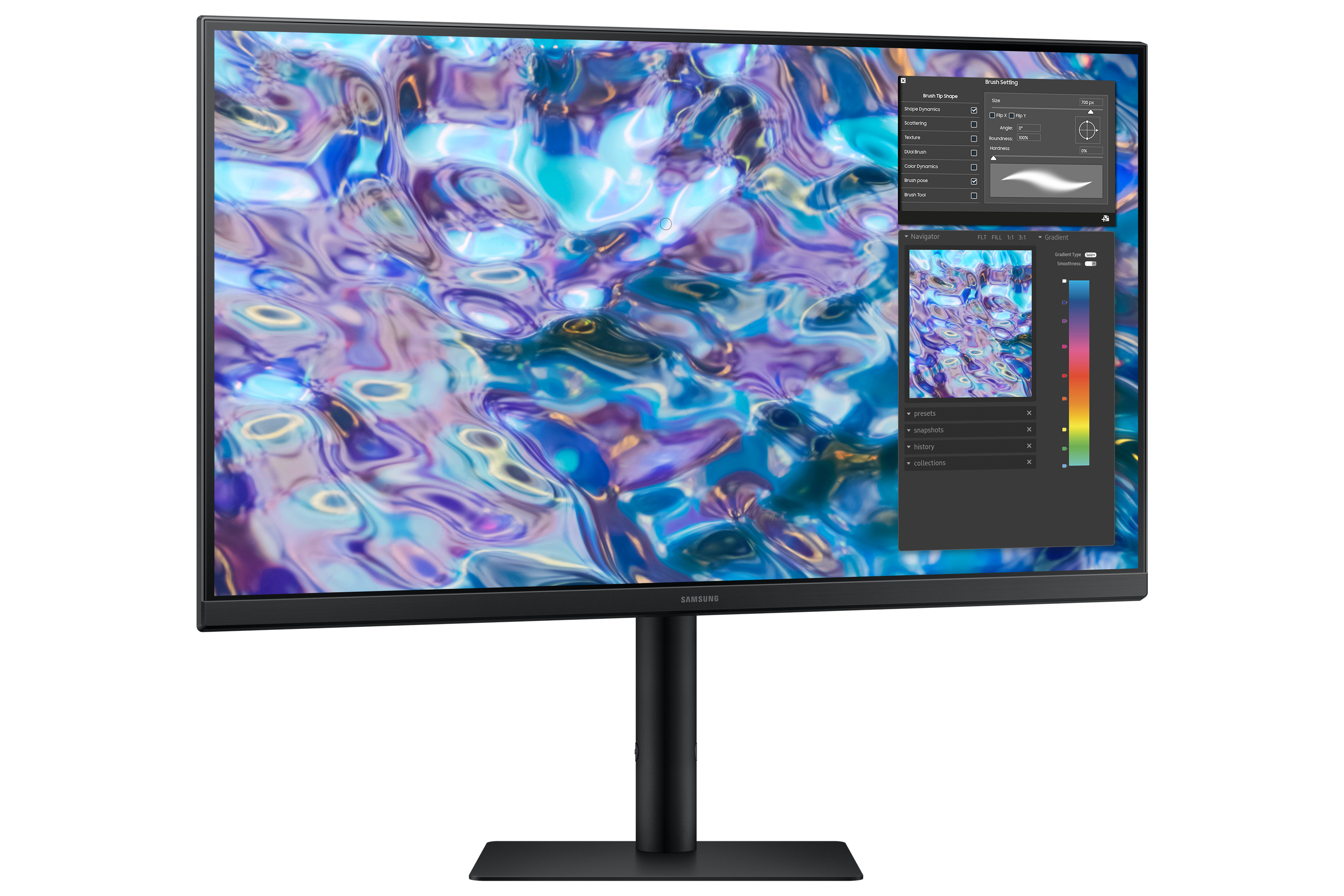 Monitor mit farbenfrohem, abstrakten Bild auf dem Bildschirm, mit schwarzem Ständer, weißer Hintergrund.