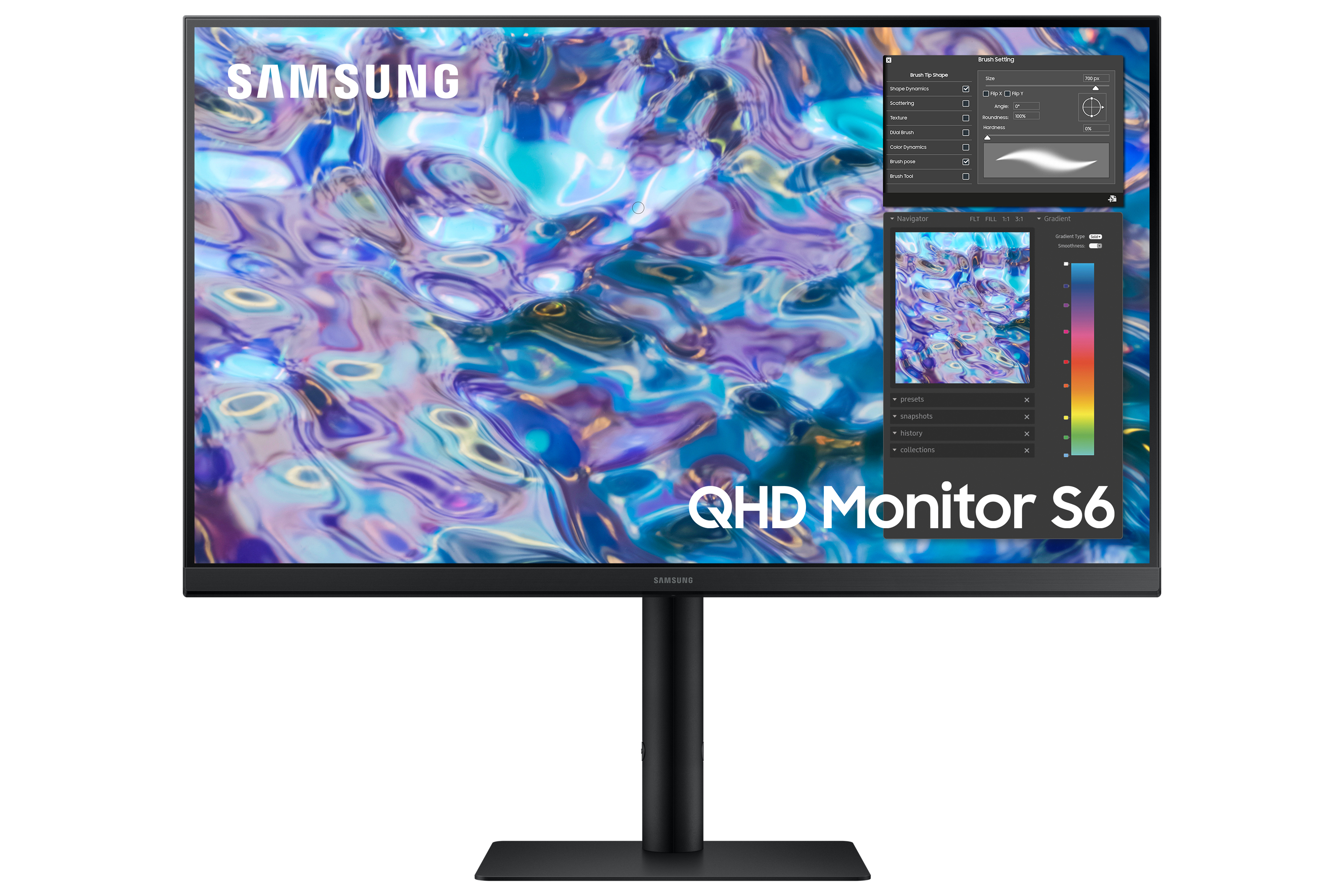 Samsung QHD-Monitor, schwarzer Ständer, Bildschirm zeigt Programmoberfläche mit Werkzeugen und buntem Hintergrund.