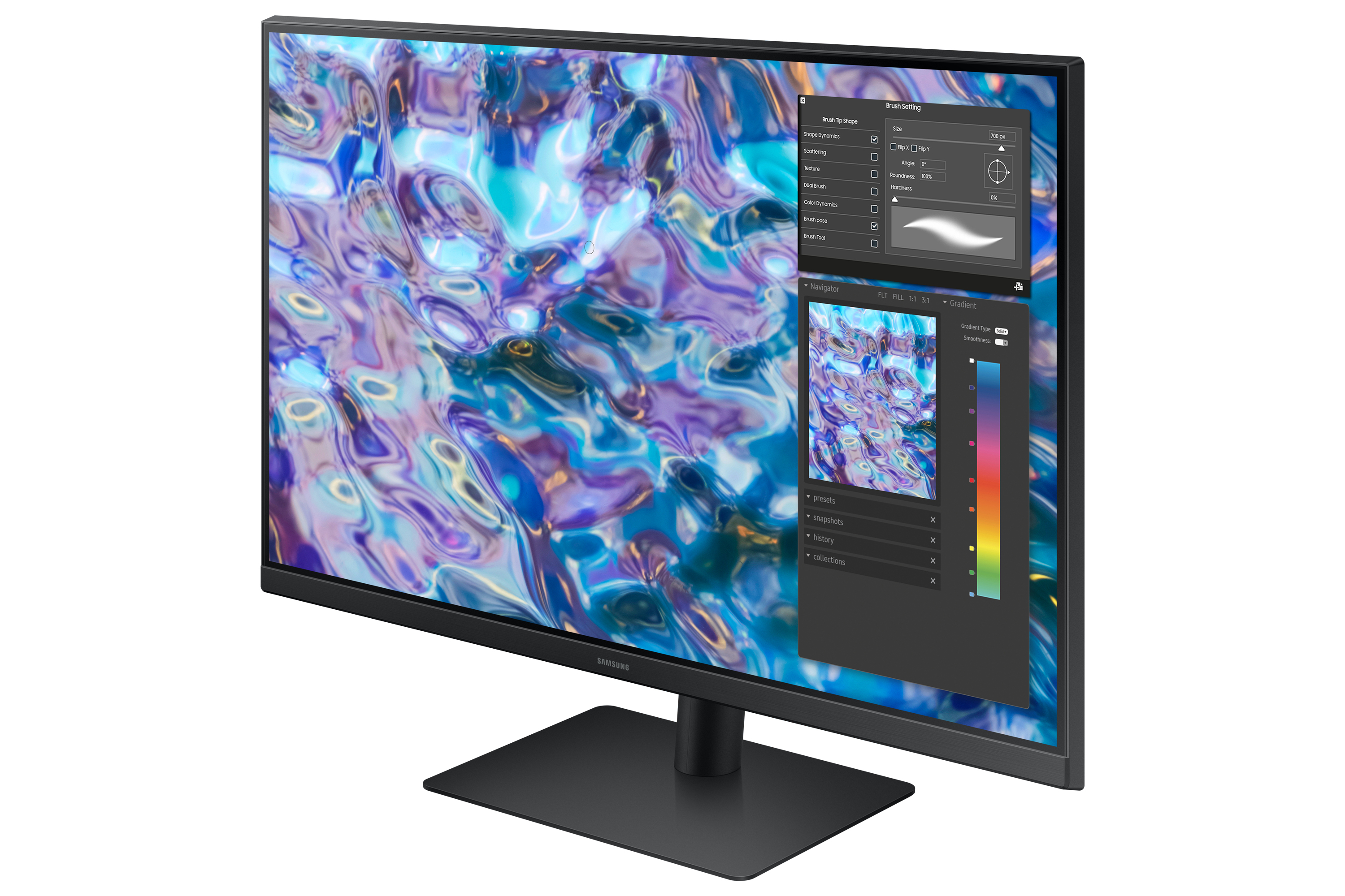 Samsung-Monitor mit einem digitalen Kunstprogramm, Farbpalette und Pinselleinstellungen.