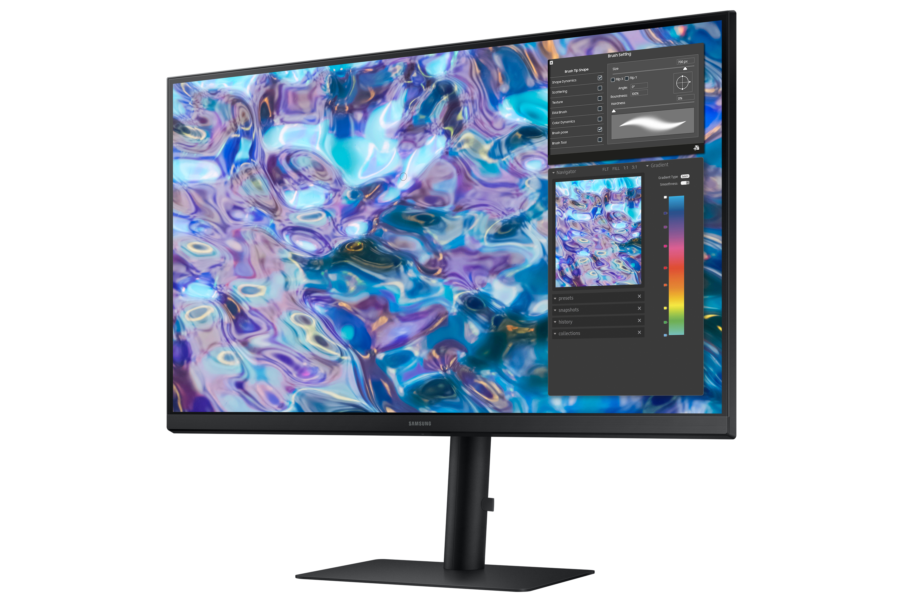 Ein Monitor zeigt eine digitale Kunstprogramm-Oberfläche mit Einstellungen und Farbpalette.