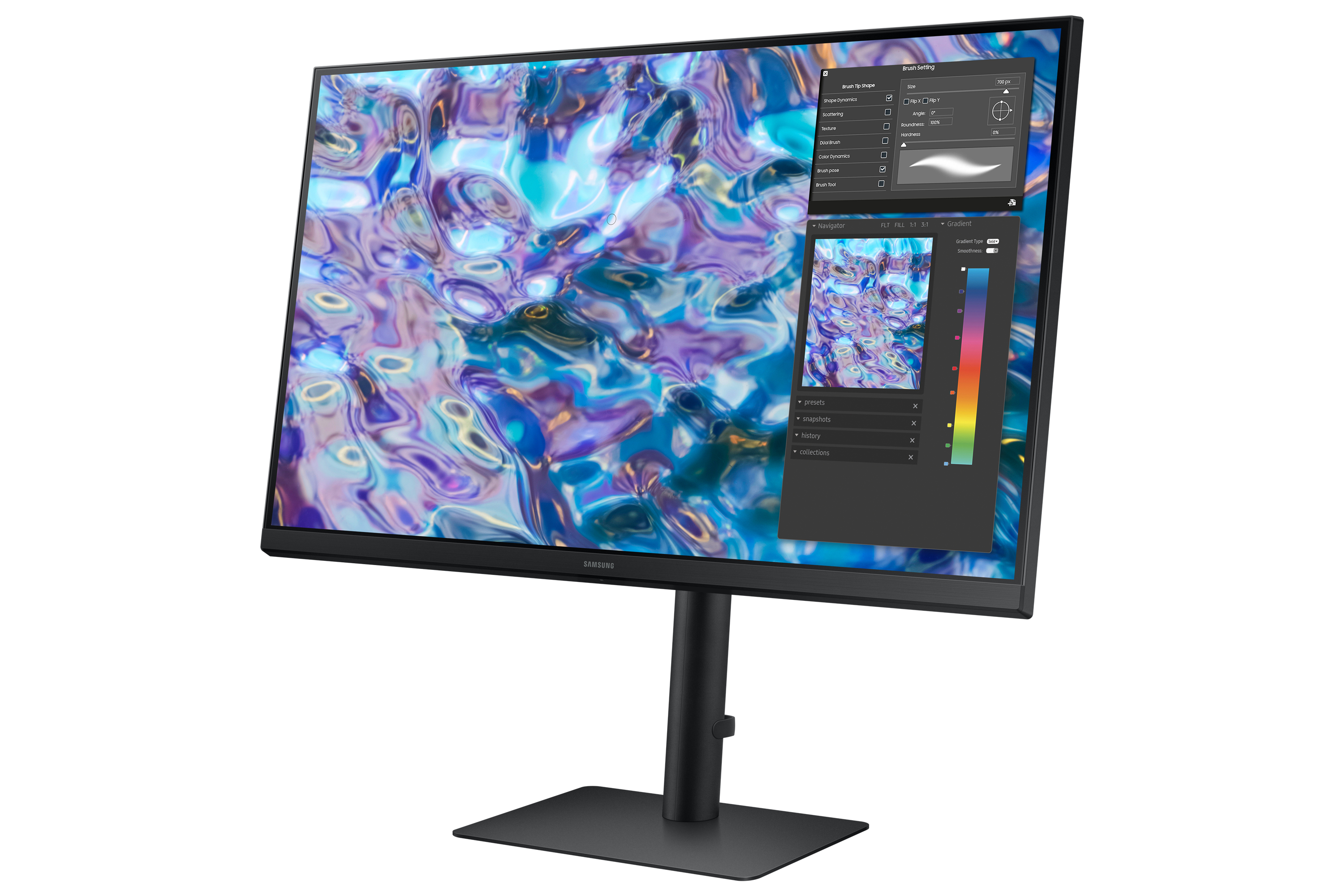 Monitor mit digitaler Kunstoberfläche, mit schwarzem Ständer.