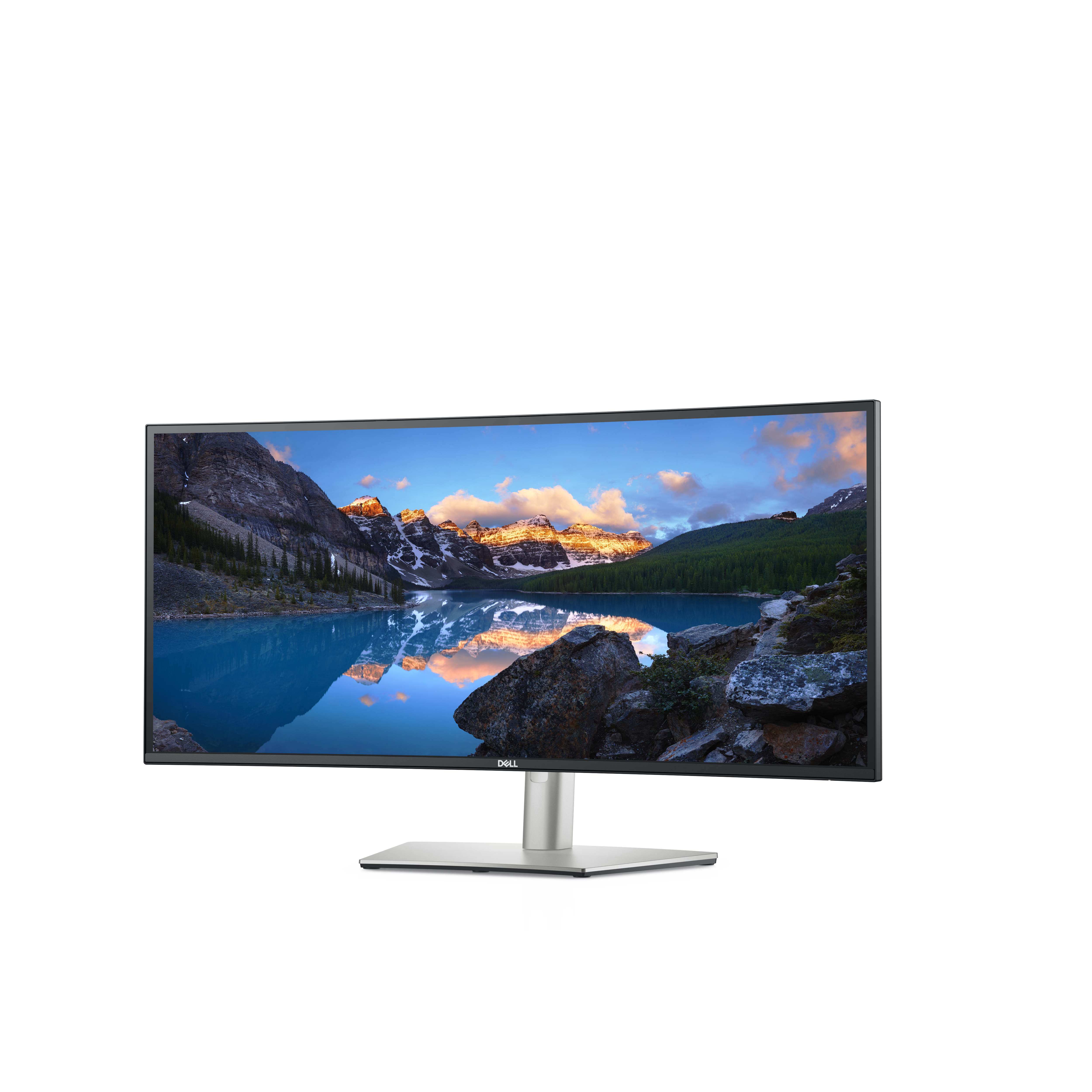 Großer Monitor mit einem See und Bergen. Der Monitor steht auf einem silbernen Ständer.