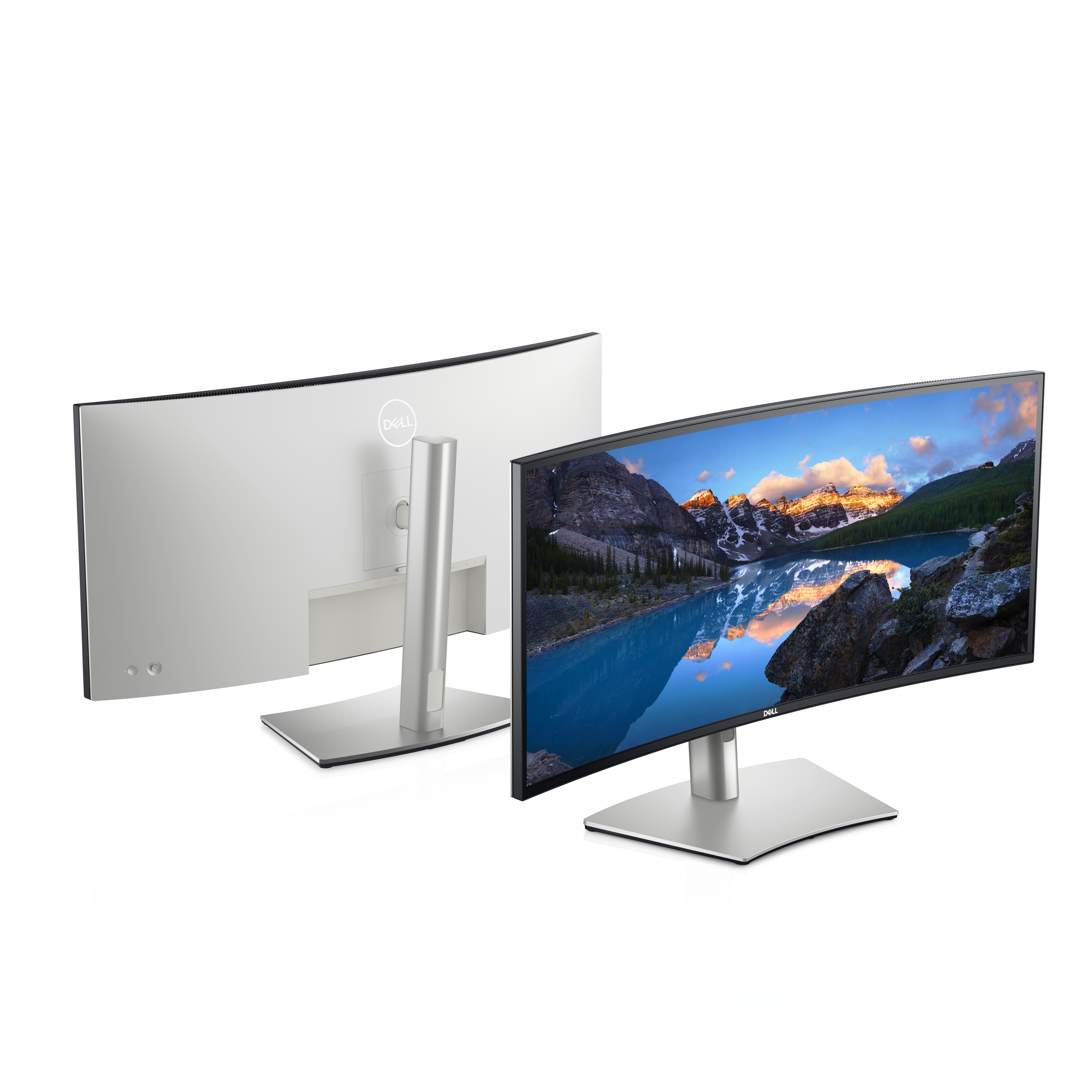 Ein gewölbter Dell-Monitor zeigt eine See- und Bergszene, wobei die Rückseite des Monitors sichtbar ist.