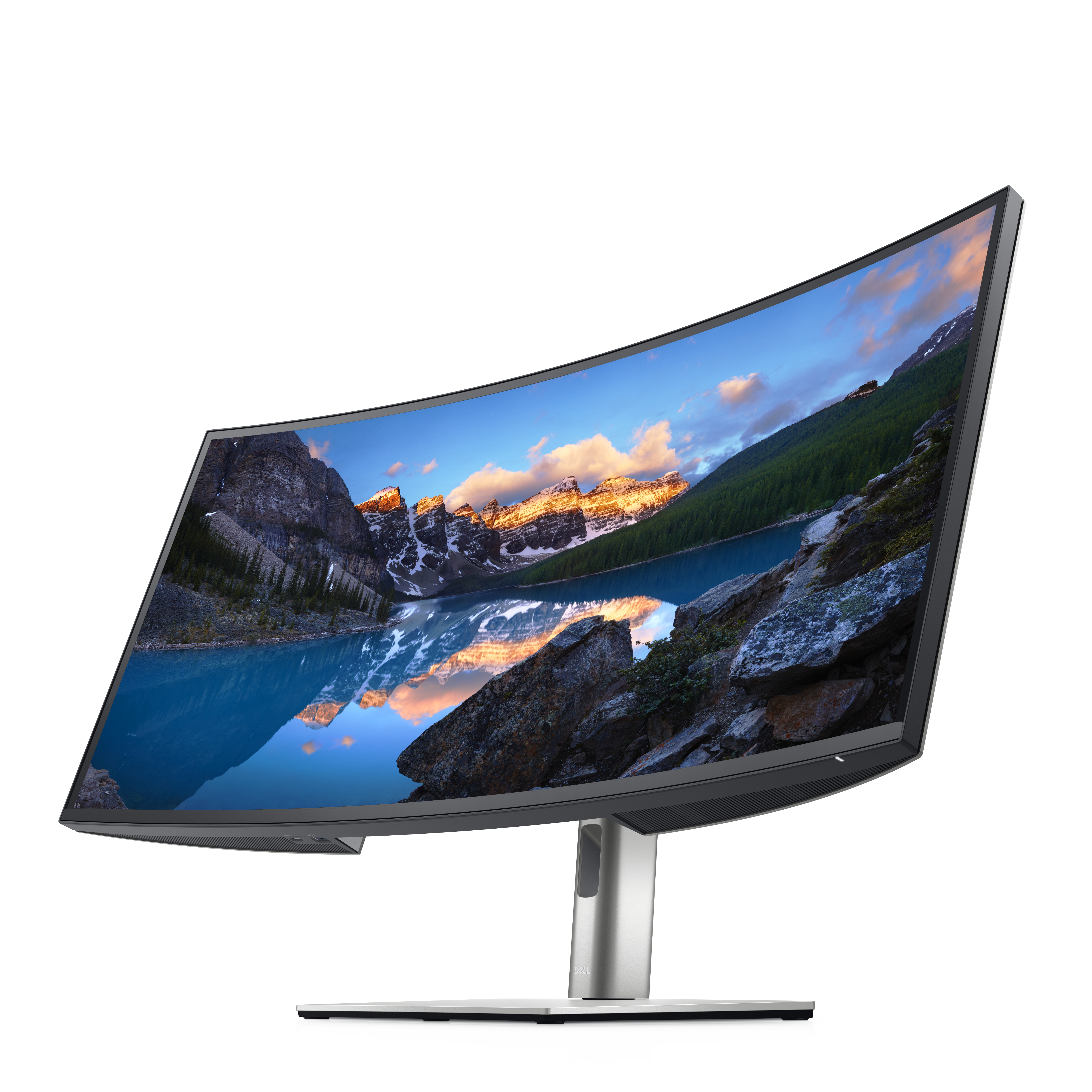 Gebogener Computermonitor mit einer Landschaftsszene. Der Monitor ist silberfarben mit einem silbernen Ständer.