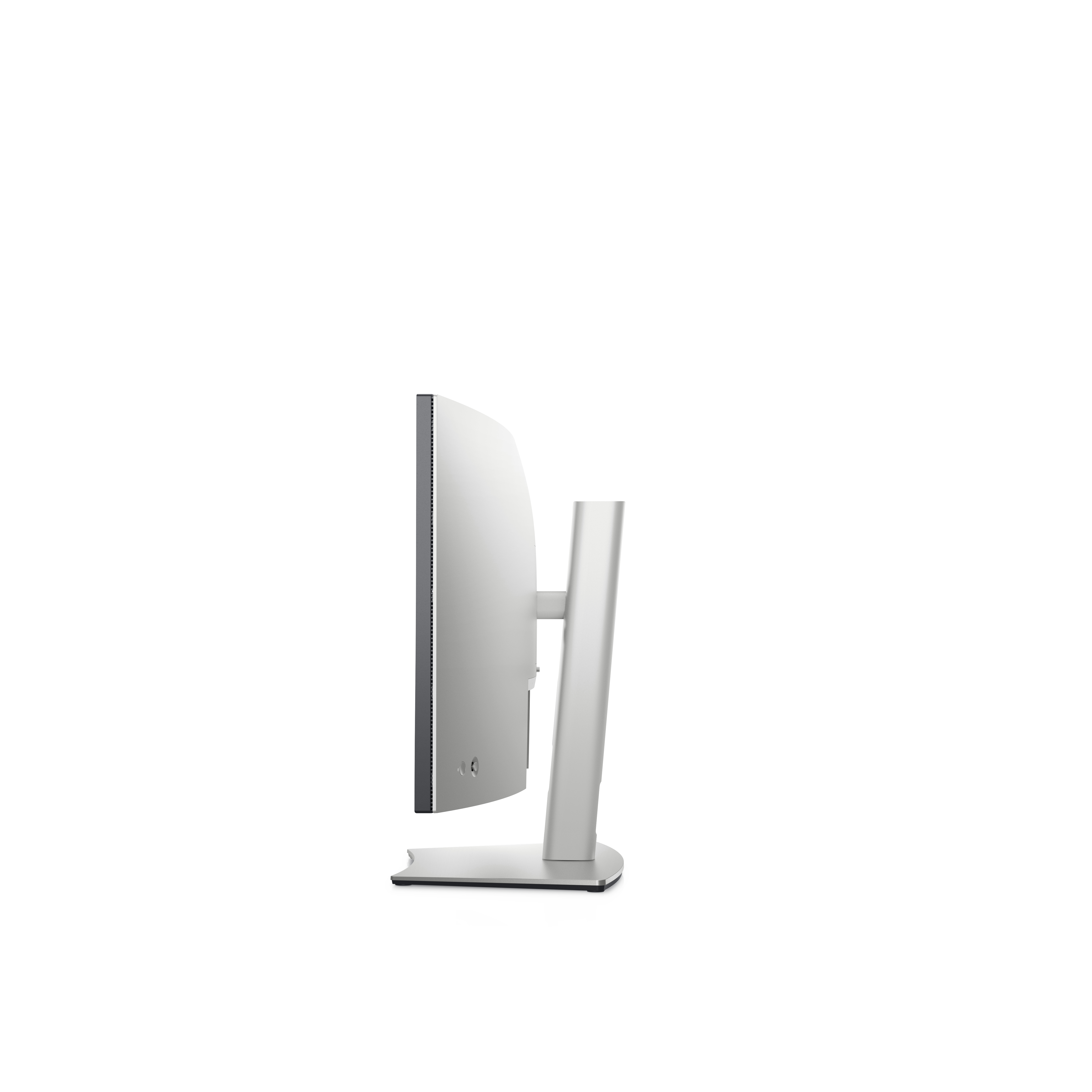 Ein silberner Computermonitor, gebogen, von der Seite gesehen, mit silbernem Ständer und weißem Hintergrund.