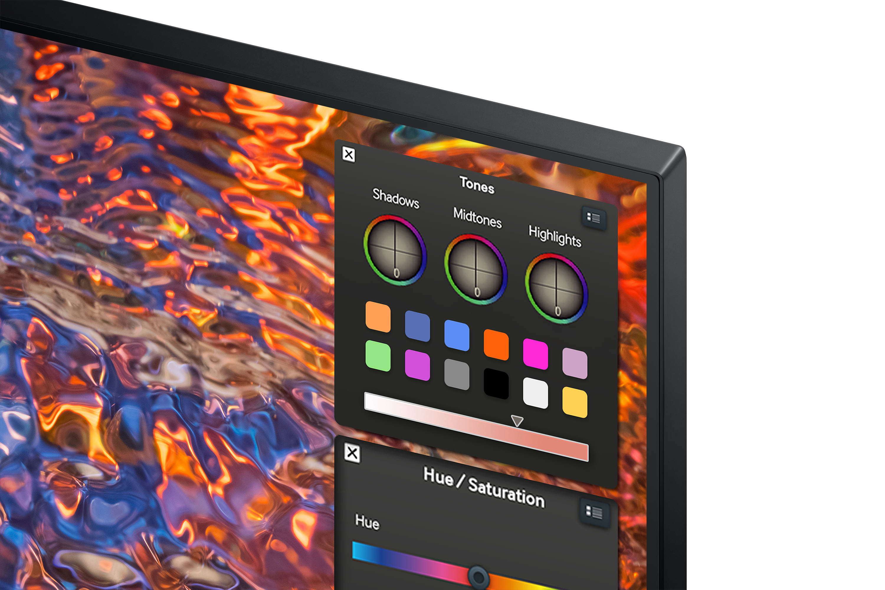 Zbliżenie ekranu telewizora pokazujące ustawienia regulacji kolorów z różnymi opcjami kolorów.