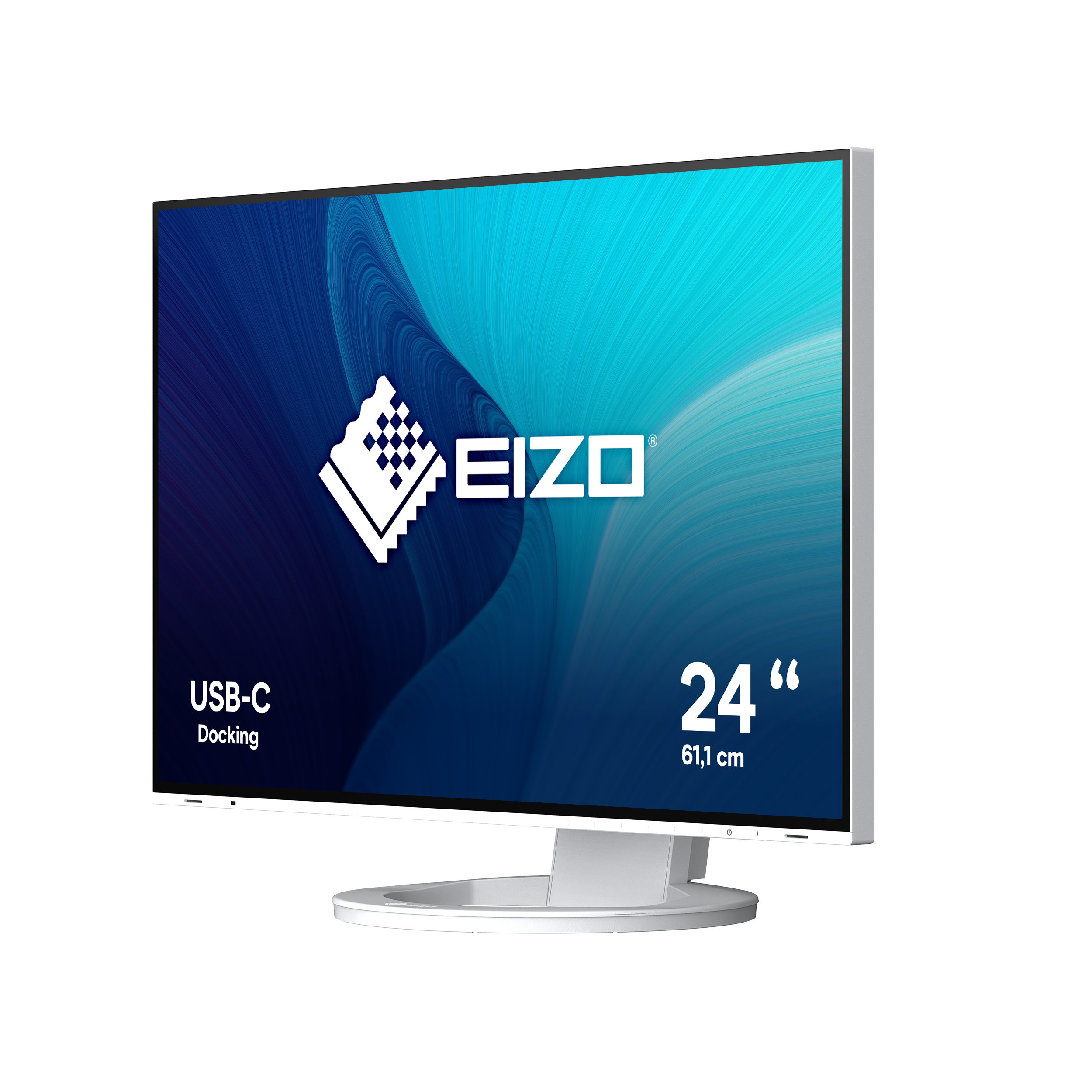 EIZO-Monitor mit blau-weißem, abstraktem Hintergrund. Hat USB-C-Docking.