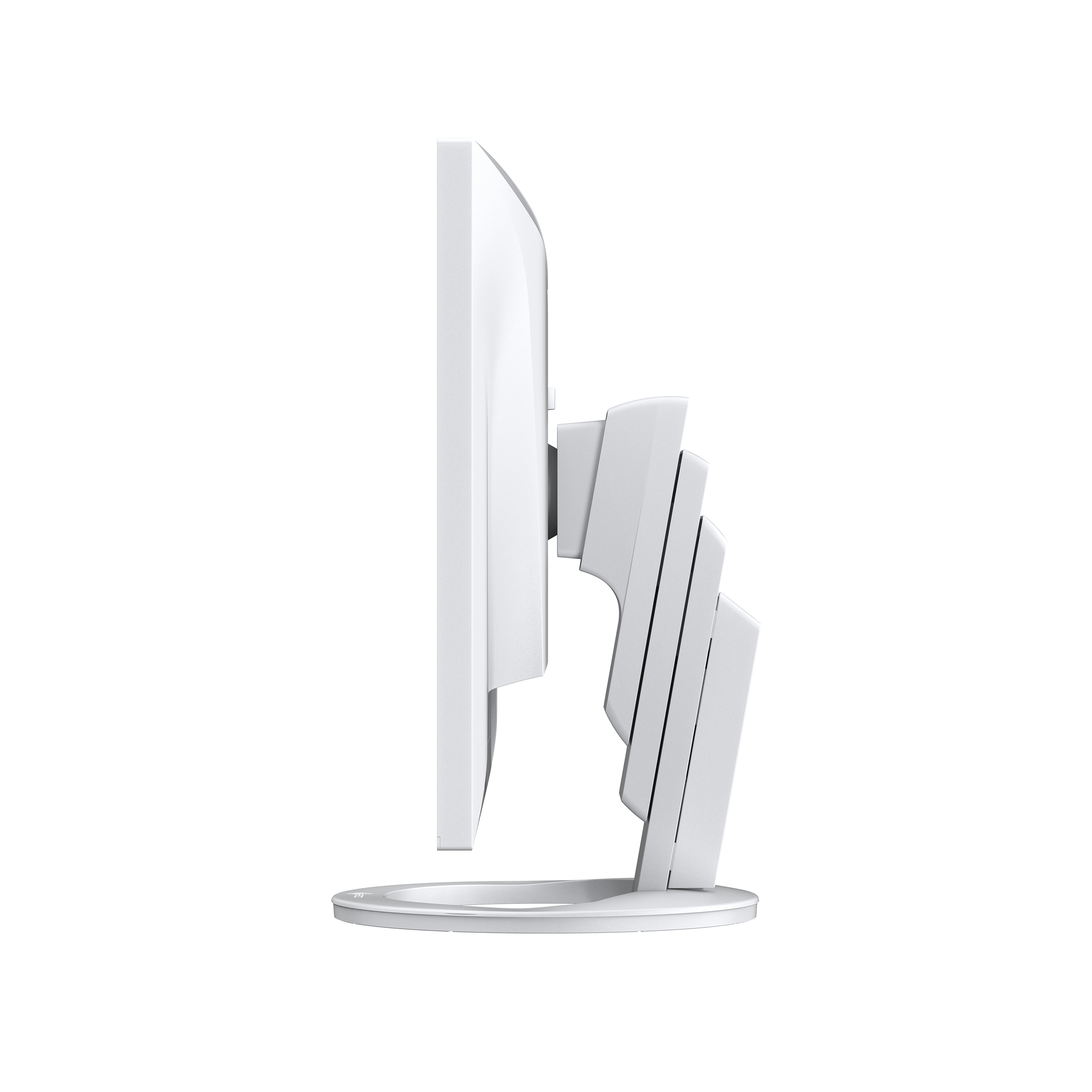 Weißer Monitor von der Seite mit Ständer, minimalistisches Design, weißer Hintergrund.