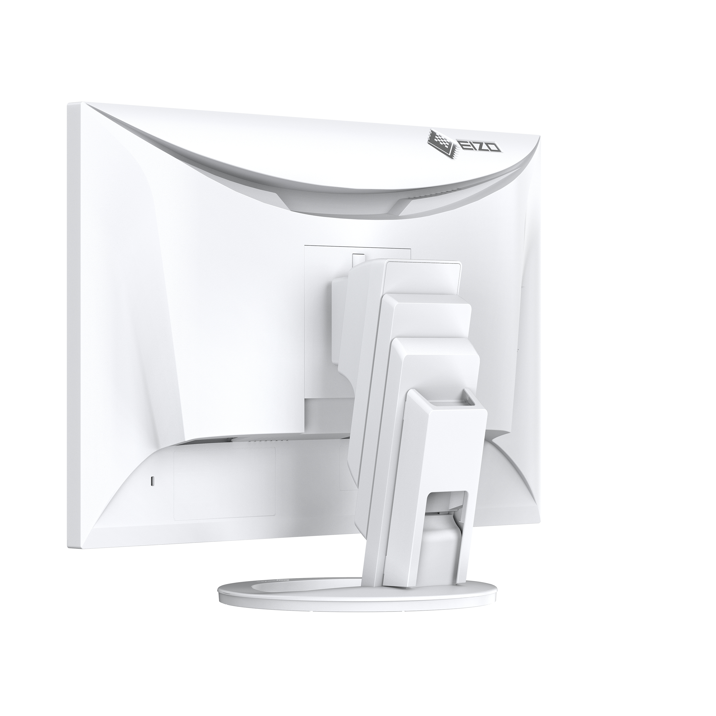Ein weißer EIZO-Monitor von hinten gesehen, mit Ständer und Befestigungsmerkmalen.