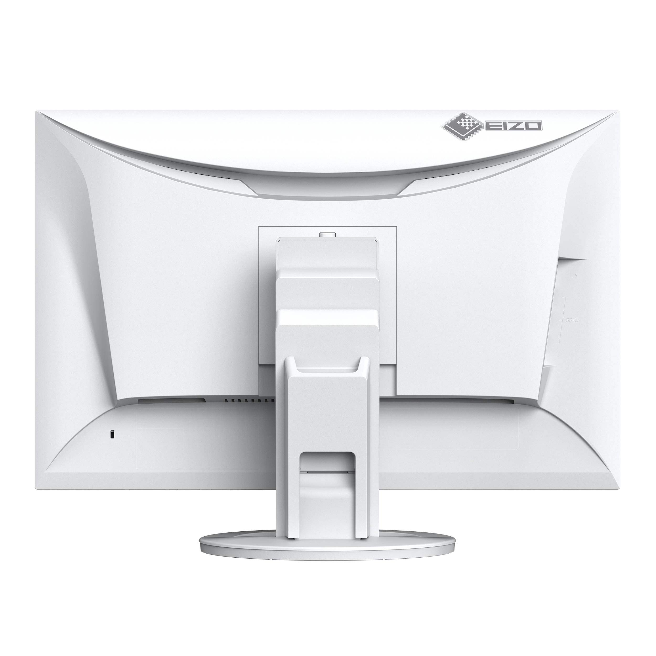 Weiße Monitorrückseite mit EIZO-Logo. Es hat einen weißen Ständer und viele Löcher.