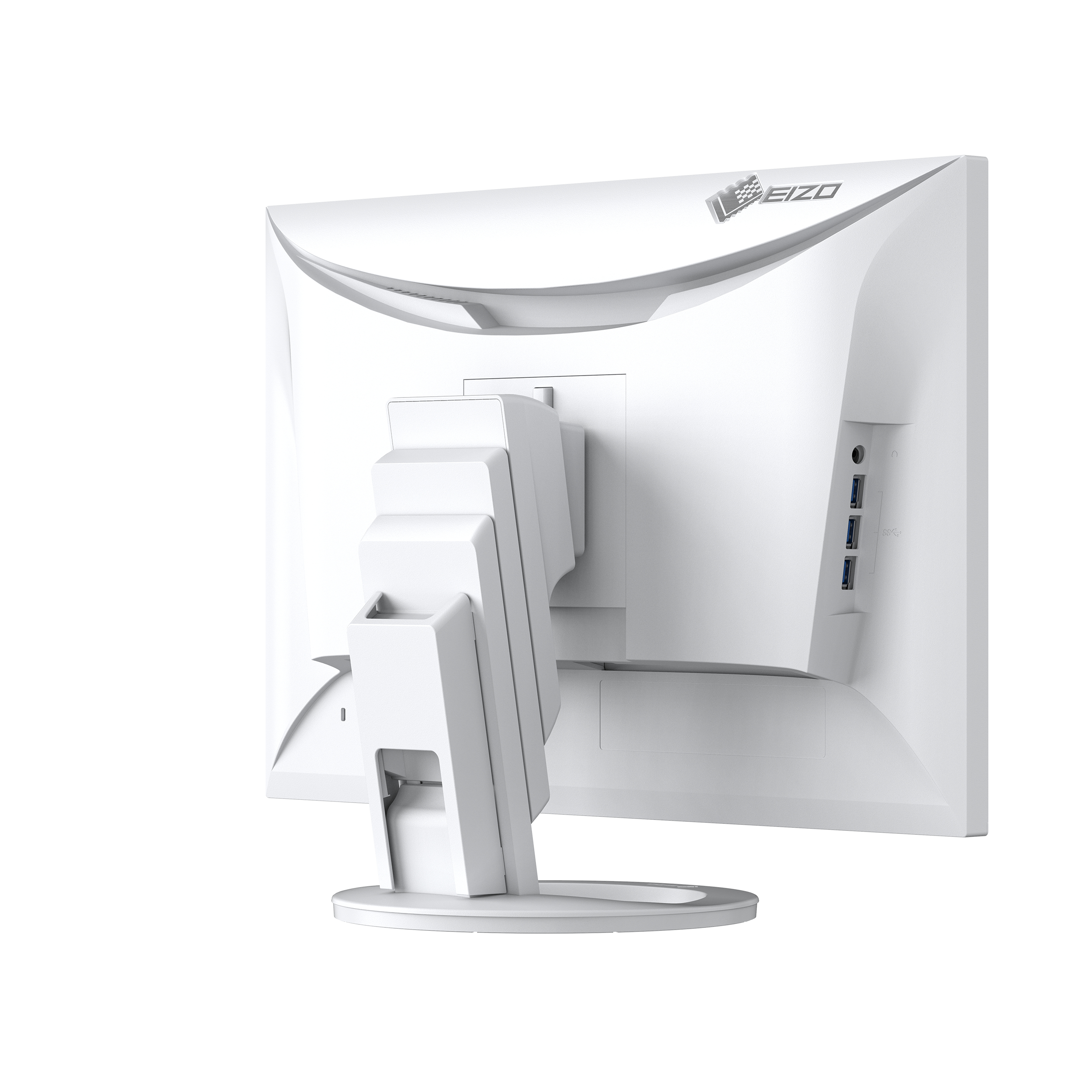 Weißer EIZO-Monitor, Rückansicht, mit Anschlüssen und Ständer, isoliert auf Weiß.
