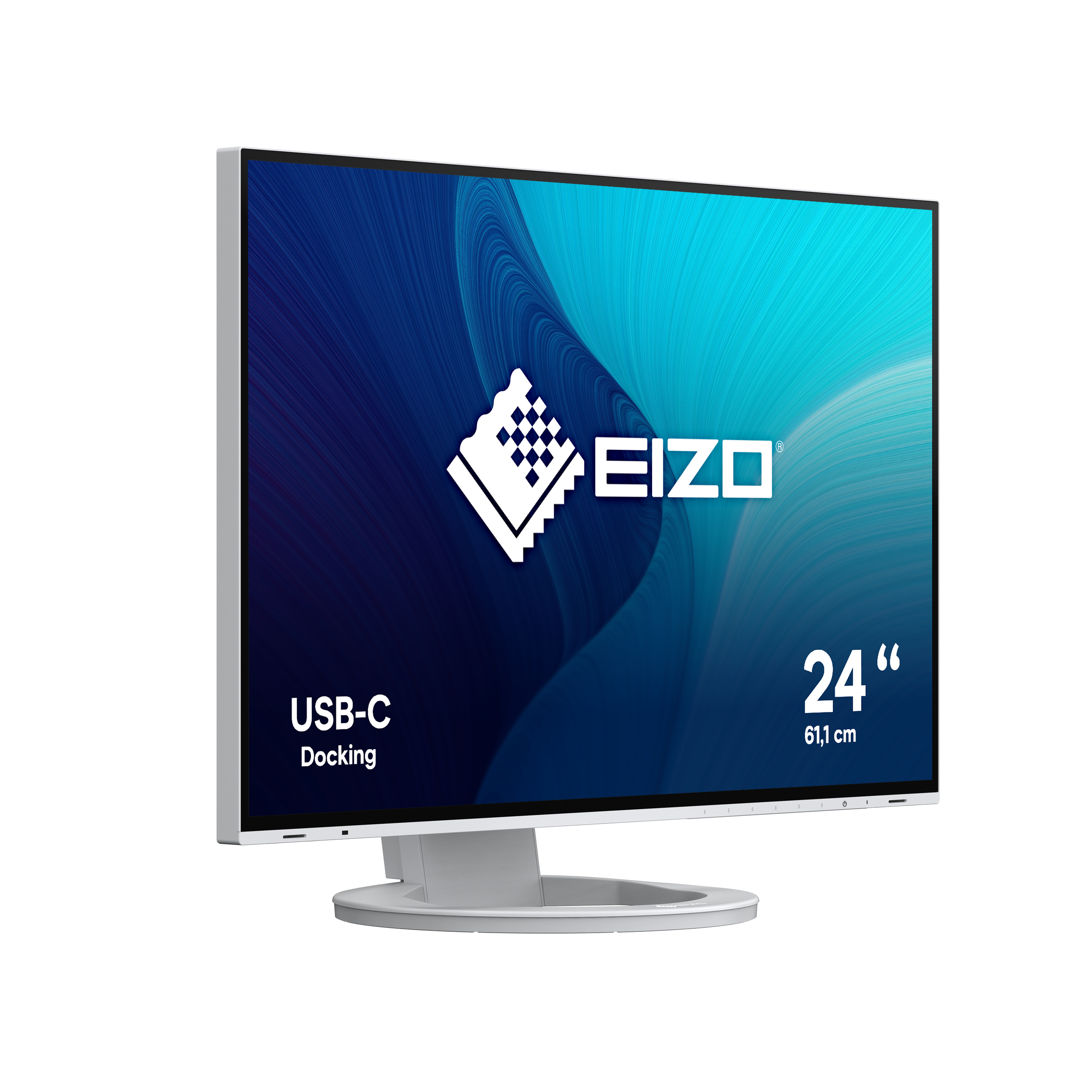 Weißer Monitor mit blau-weißem Hintergrund. EIZO-Logo auf dem Bildschirm.