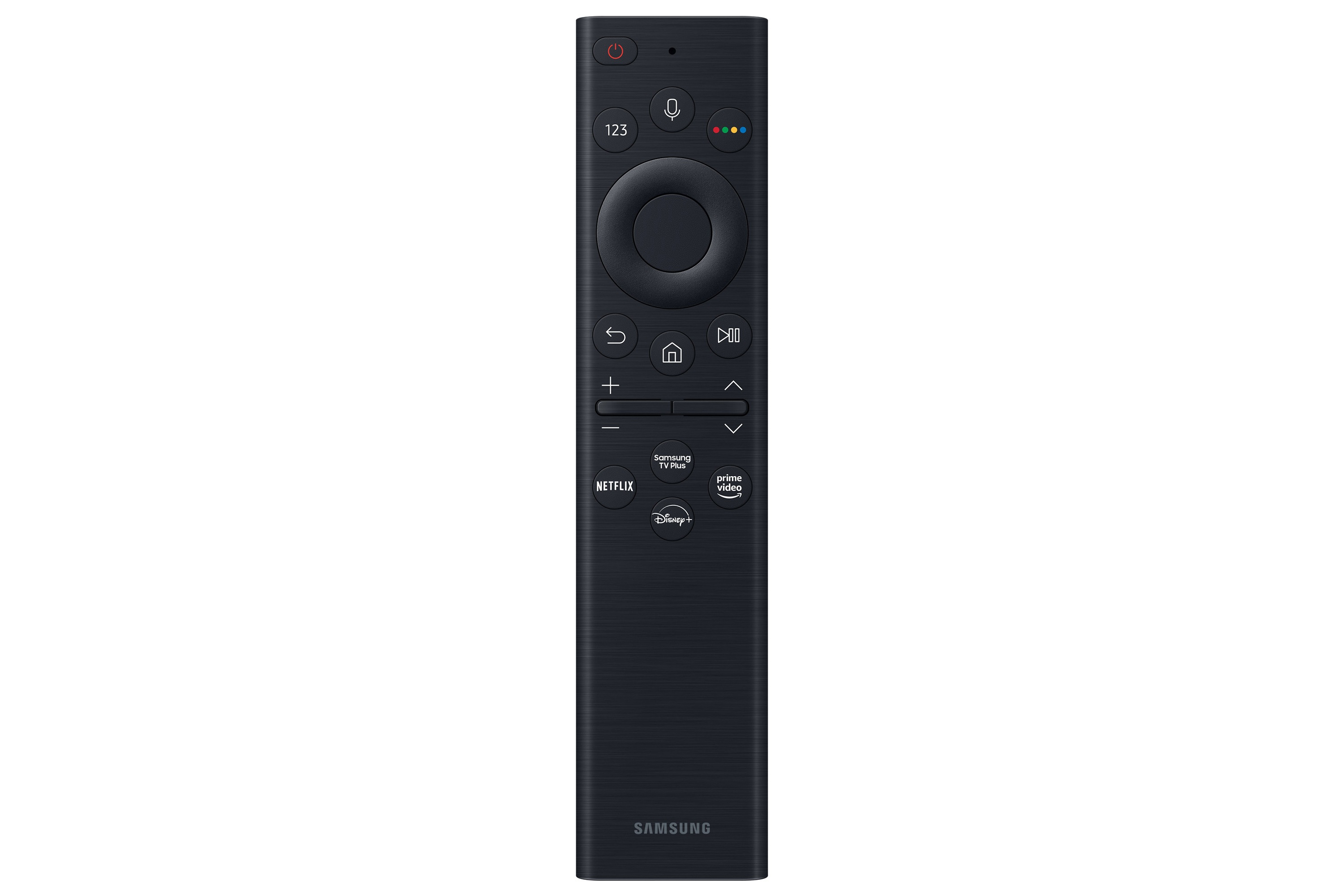 Un telecomando TV Samsung nero. Ha diversi pulsanti, tra cui accensione, volume e Netflix.