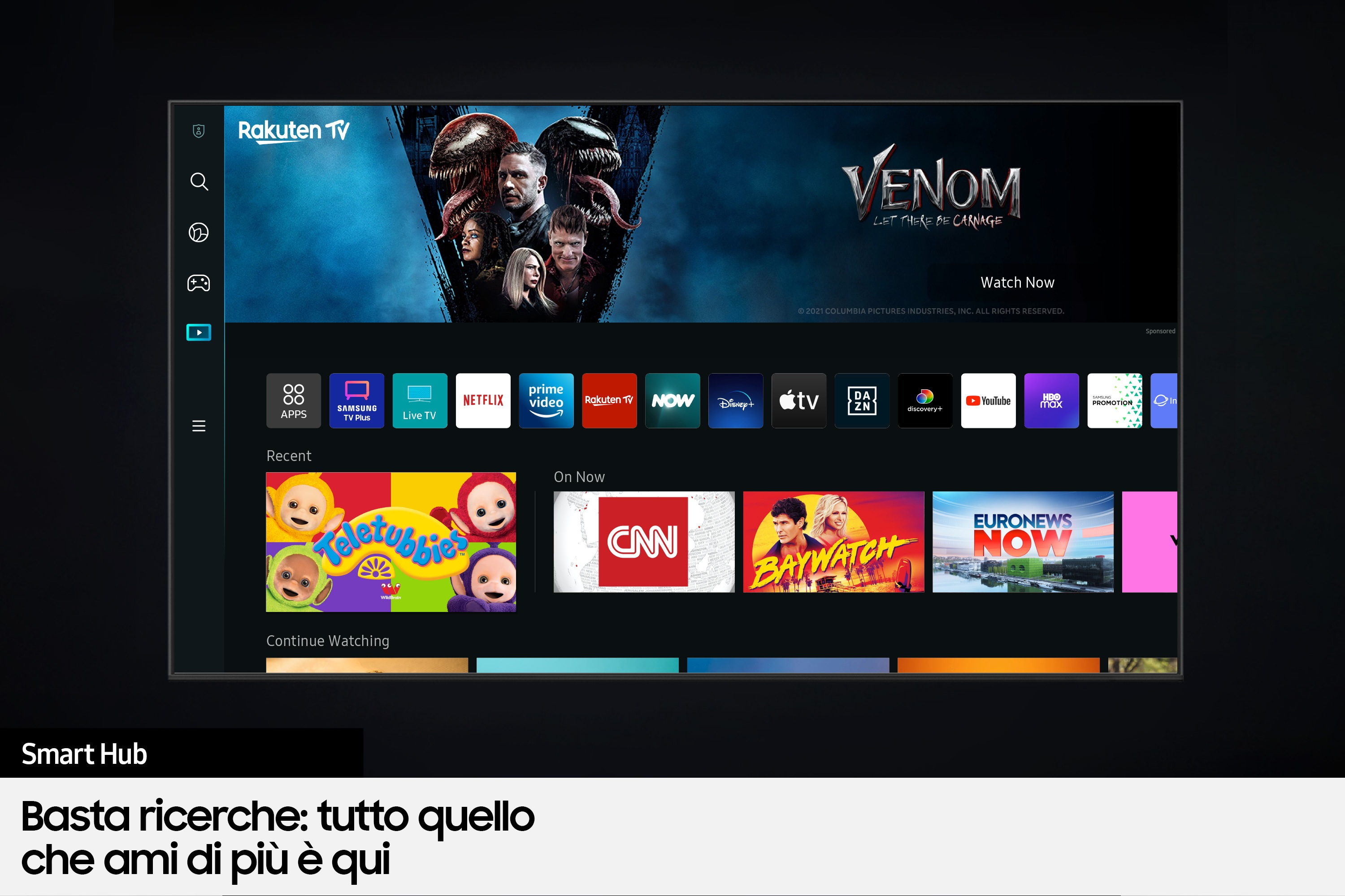 Interfaccia Smart TV che mostra piattaforme di streaming di film e opzioni di menu.