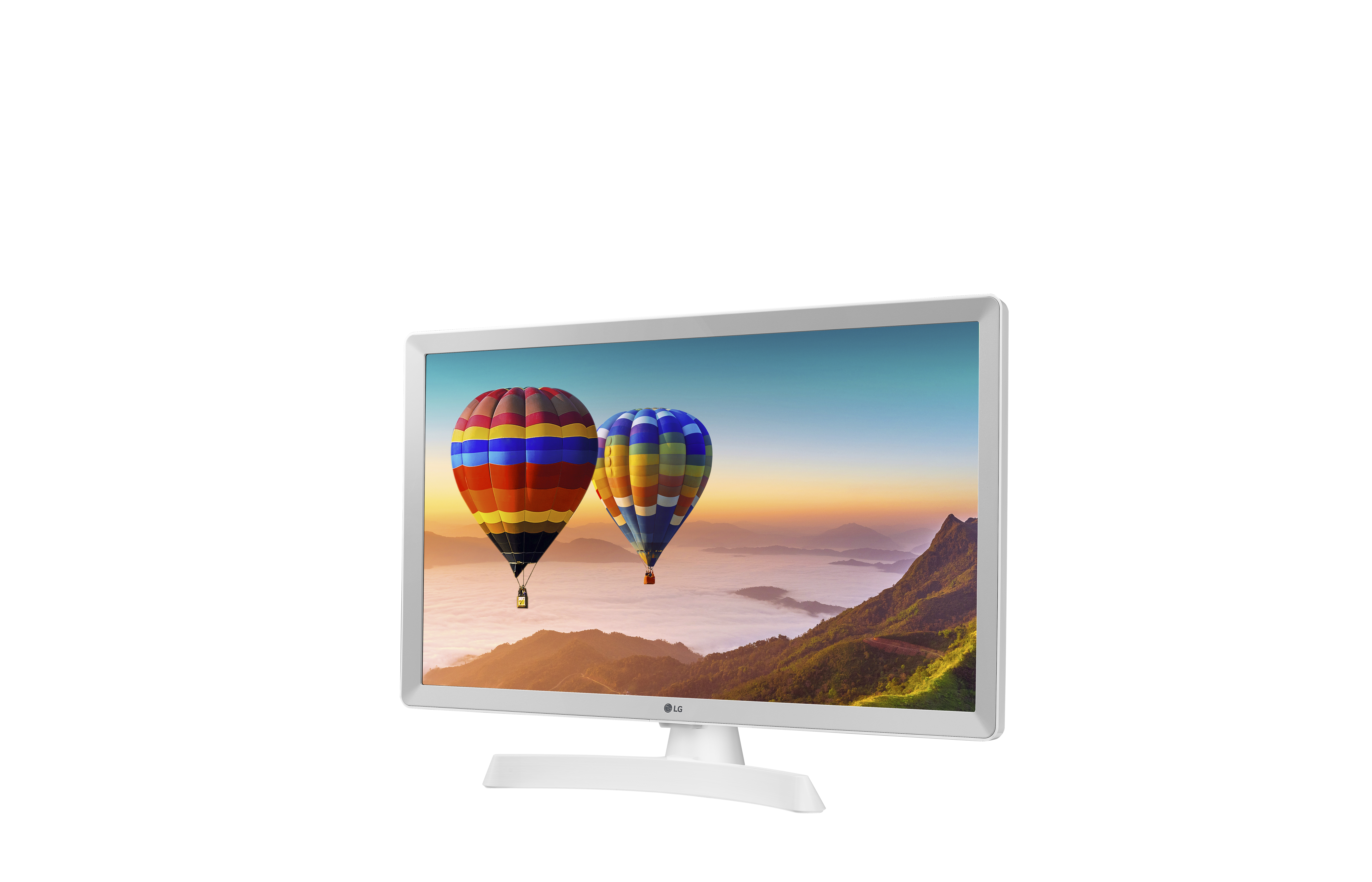 TV LG bianca che mostra mongolfiere sopra una catena montuosa. Il cielo è limpido, su supporto bianco.