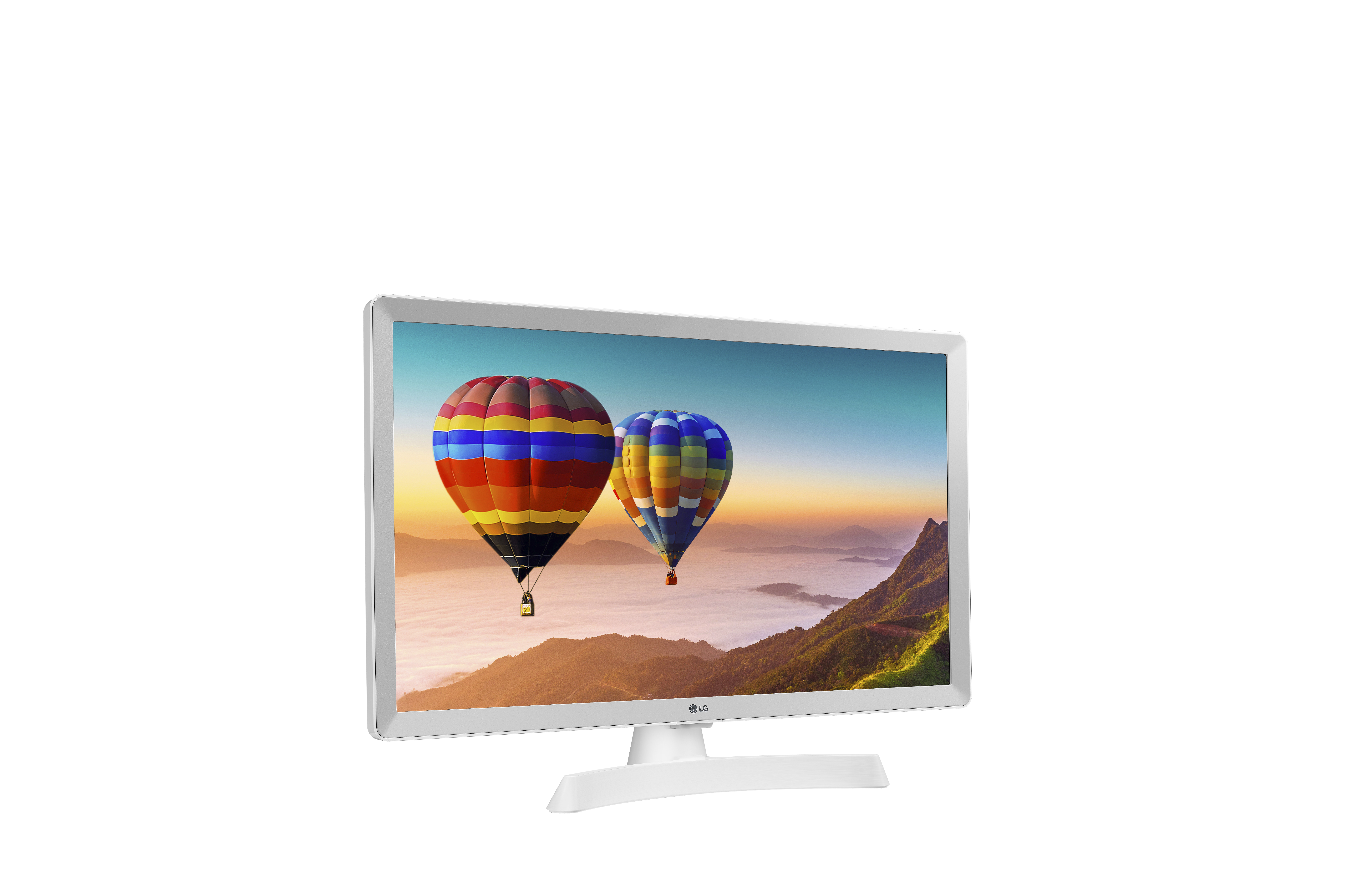 TV LG bianco con una scena di mongolfiera colorata.