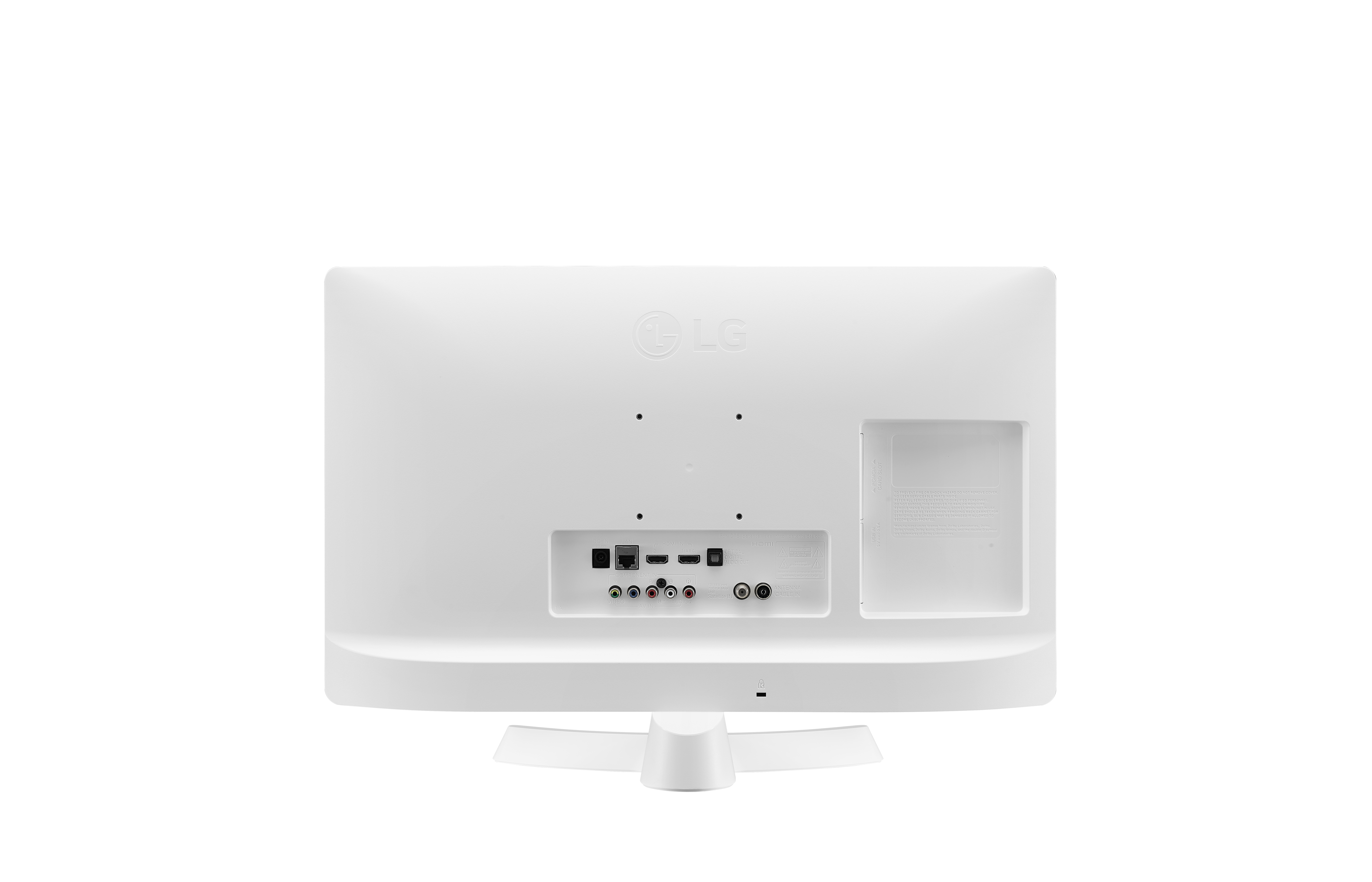 Il retro di un piccolo monitor LG bianco con varie porte e un supporto a forma di V su uno sfondo bianco.
