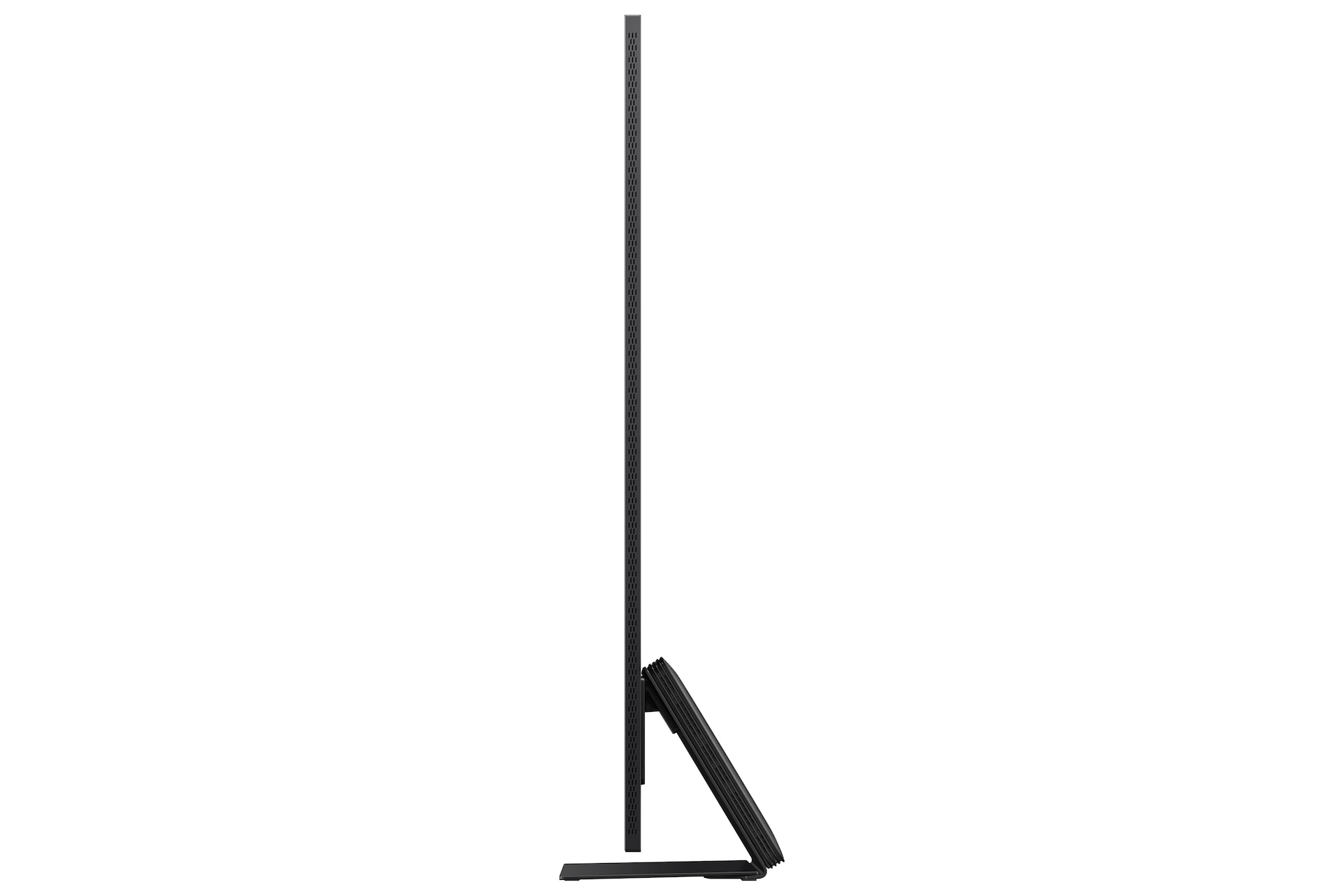 Widok z boku cienkiego czarnego telewizora ze smukłą podstawą.