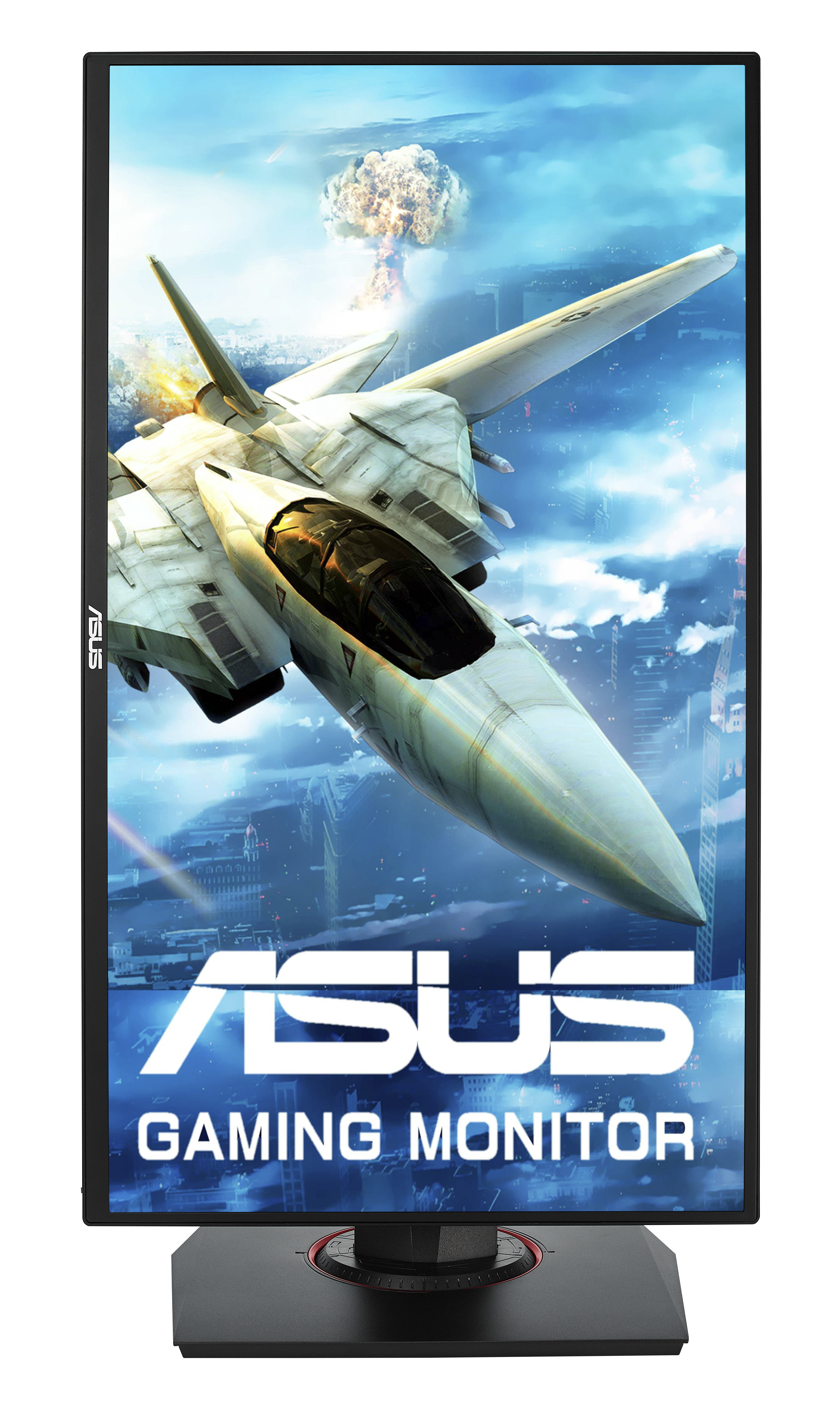 Gaming-Monitor mit einem Bild eines Düsenflugzeugs und einer Explosion. Der Monitor hat einen schwarzen Sockel.
