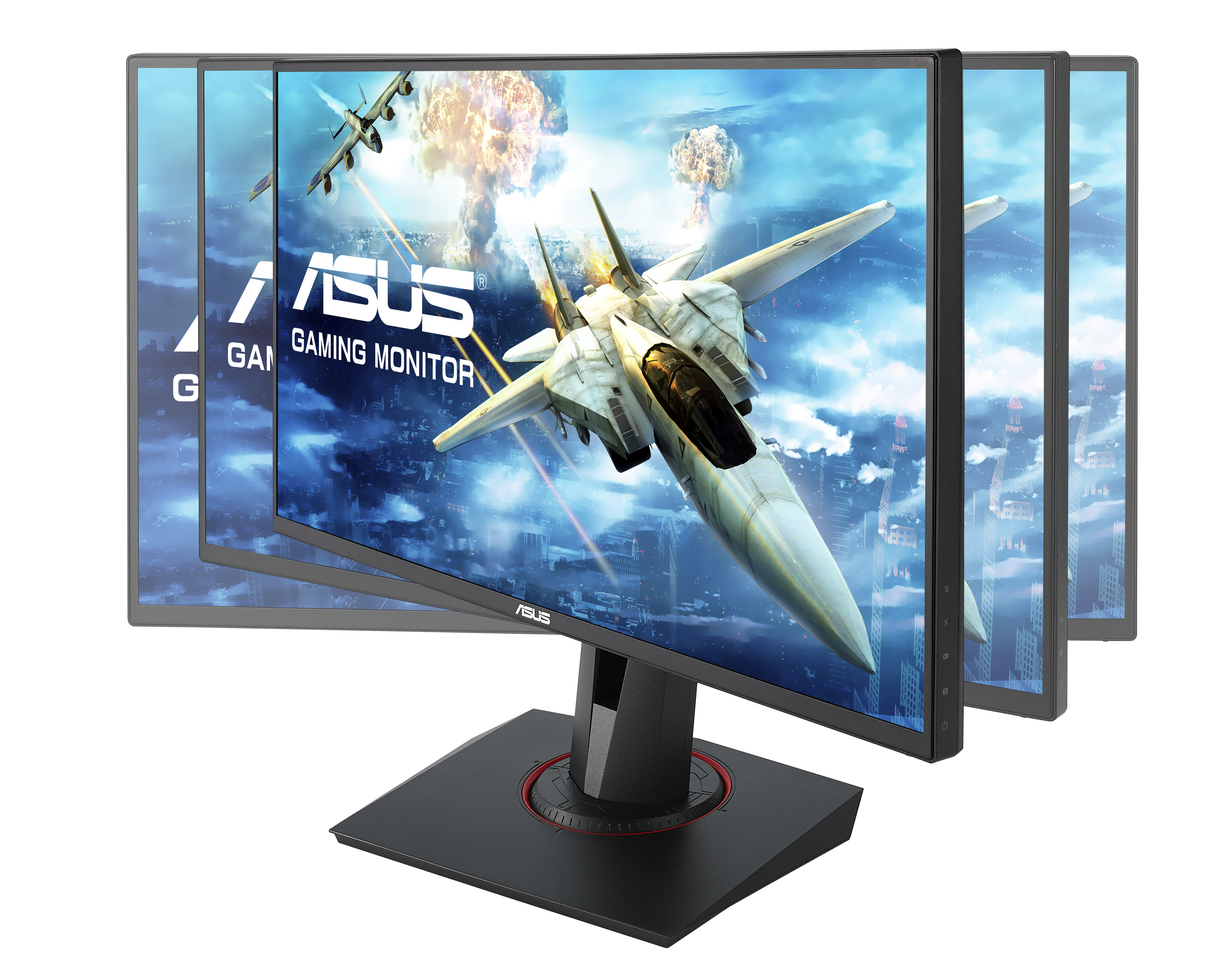 ASUS-Gaming-Monitor zeigt ein Kampfflugzeug in einer Kampfszene. Mehrere Bildschirme gestapelt.