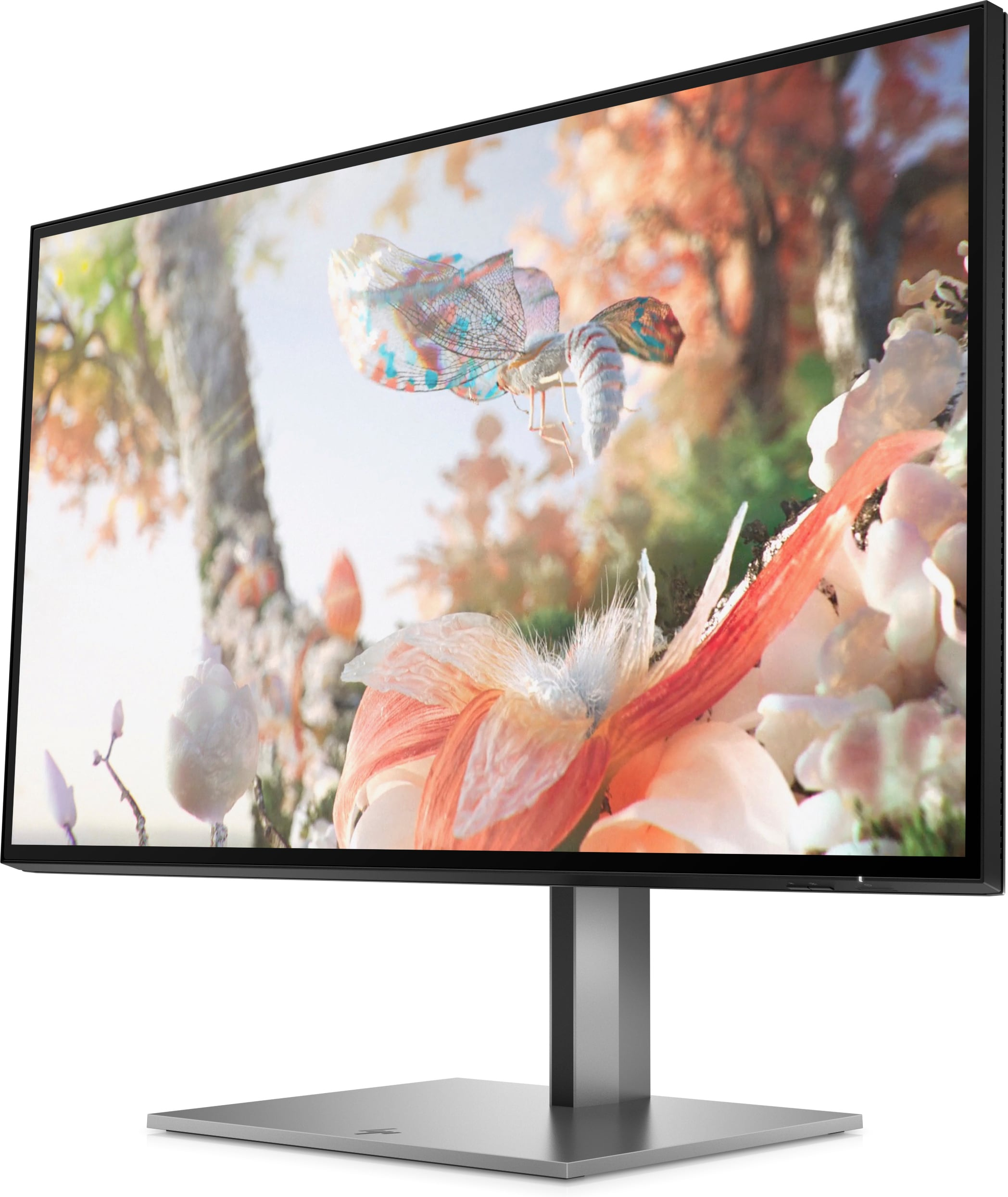 Ein Computermonitor, der ein digitales Bild eines Schmetterlings und Blumen in einer Waldlandschaft anzeigt.